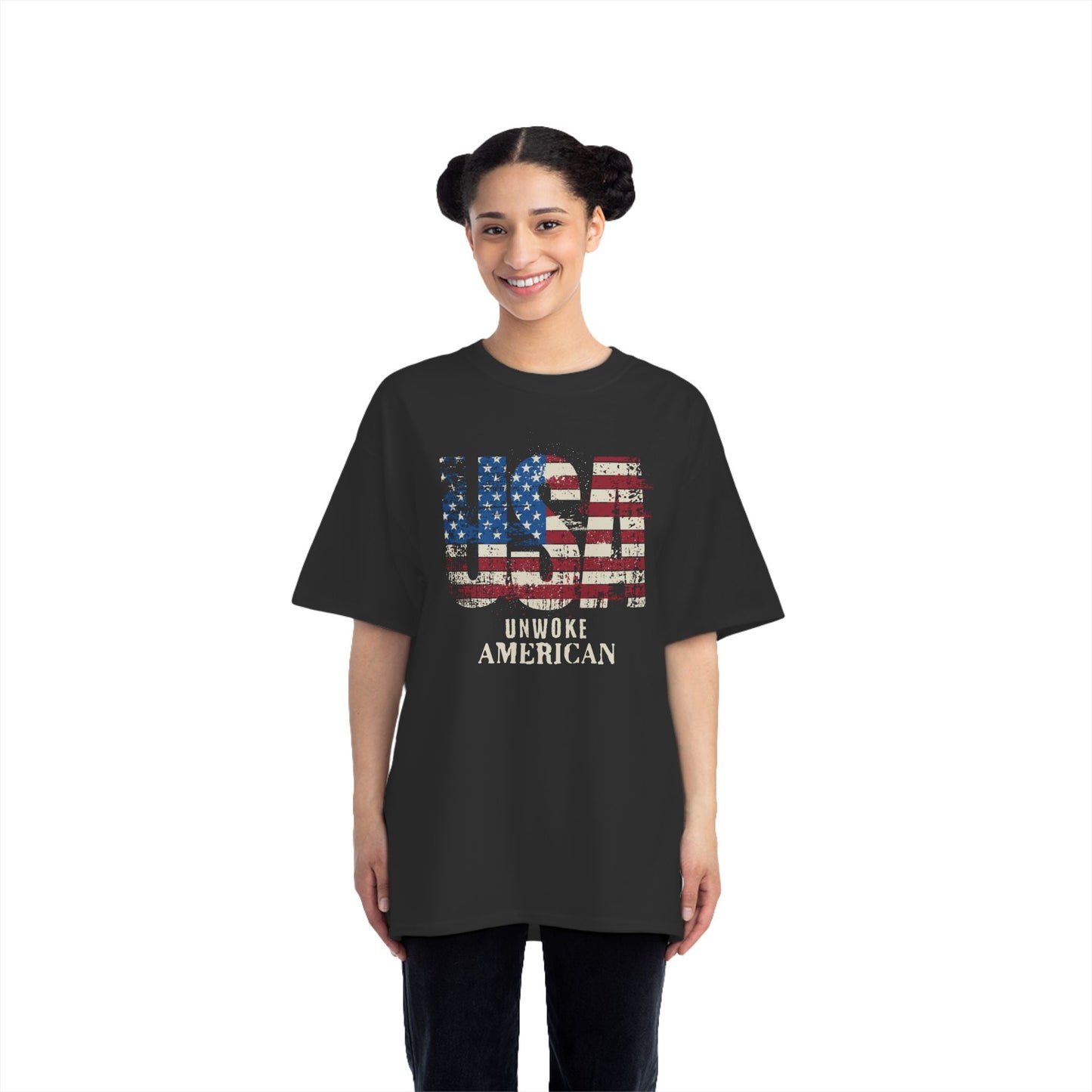 Unwoke American Distressed Stars and Stripes USA Beefy-T® Short-Sleeve T-Shirt, American Patriot Tee, Vintage Flag Shirt, Patriotic Apparel