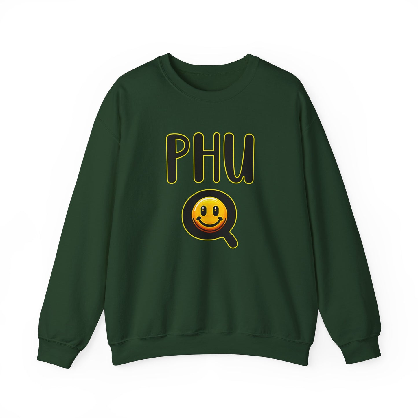 PHU Q Smiley Design Heavy Blend Sweatshirt, Funny Irreverent, Whimsical Unisex Pullover, Laughable Sweat Top, Comical Sweater