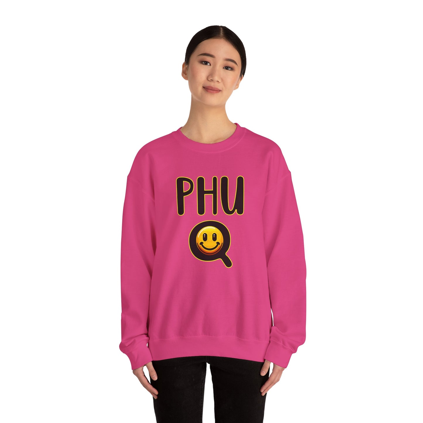 PHU Q Smiley Design Heavy Blend Sweatshirt, Funny Irreverent, Whimsical Unisex Pullover, Laughable Sweat Top, Comical Sweater