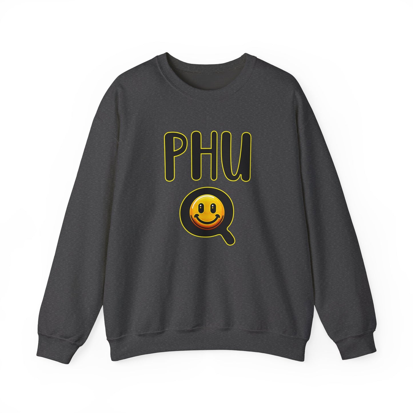 PHU Q Smiley Design Heavy Blend Sweatshirt, Funny Irreverent, Whimsical Unisex Pullover, Laughable Sweat Top, Comical Sweater