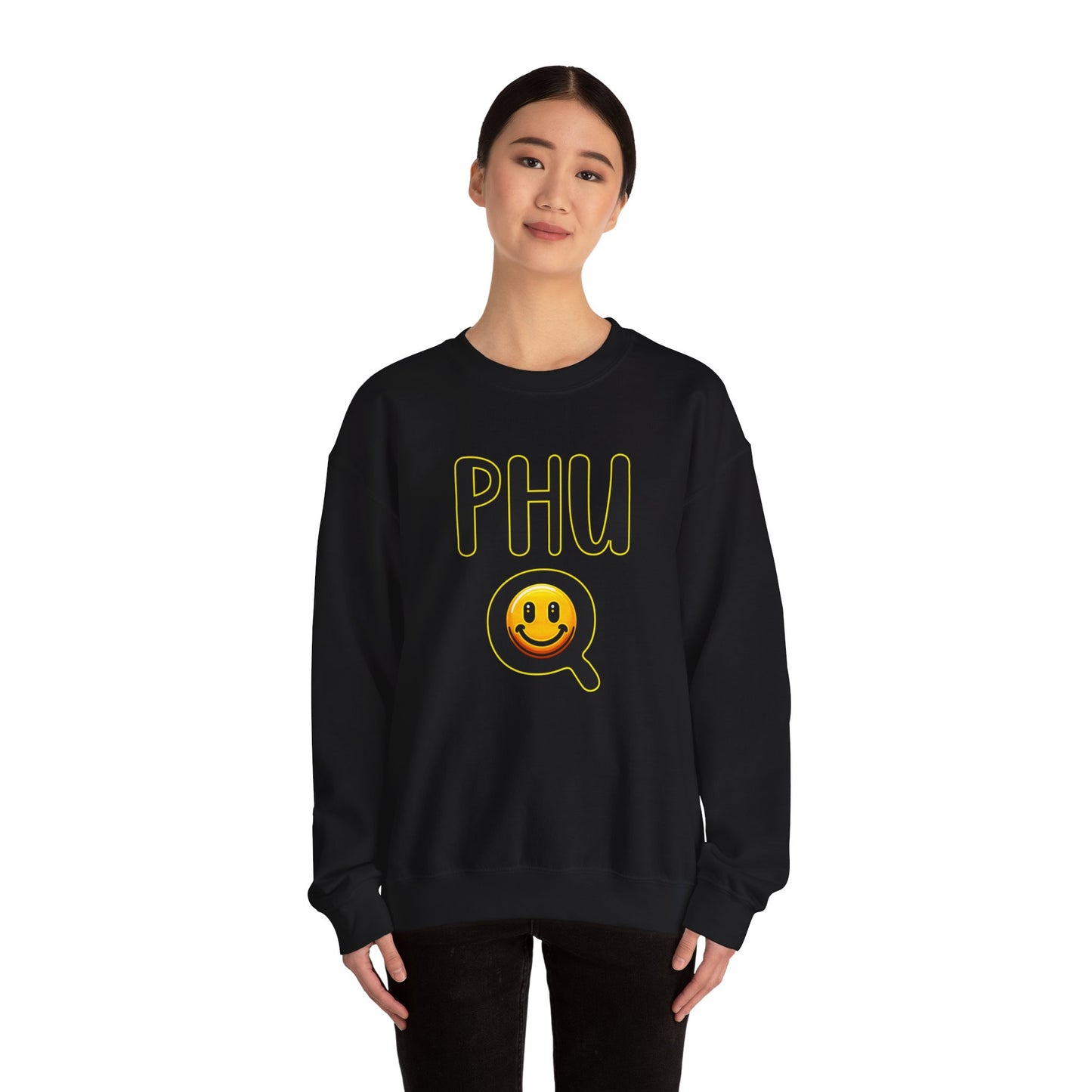 PHU Q Smiley Design Heavy Blend Sweatshirt, Funny Irreverent, Whimsical Unisex Pullover, Laughable Sweat Top, Comical Sweater