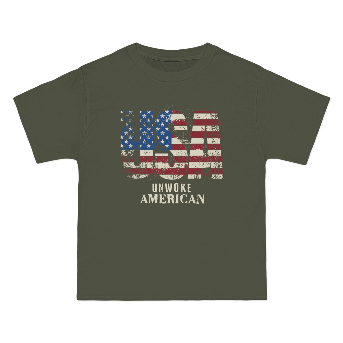 Unwoke American Distressed Stars and Stripes USA Beefy-T® Short-Sleeve T-Shirt, American Patriot Tee, Vintage Flag Shirt, Patriotic Apparel