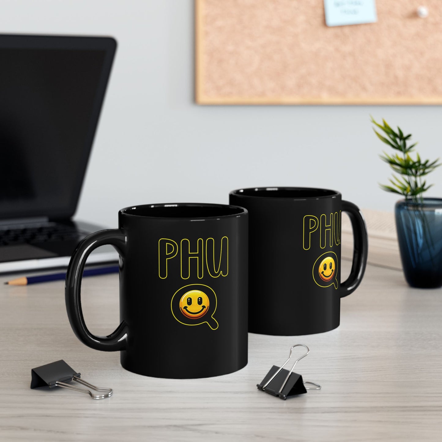 Black Mug with PHU Q Smiley Design, Irreverent and Whimsical Coffee Cup, 11oz 15oz Tea Mug, Funny Ceramic Mug, Unique Gift Idea