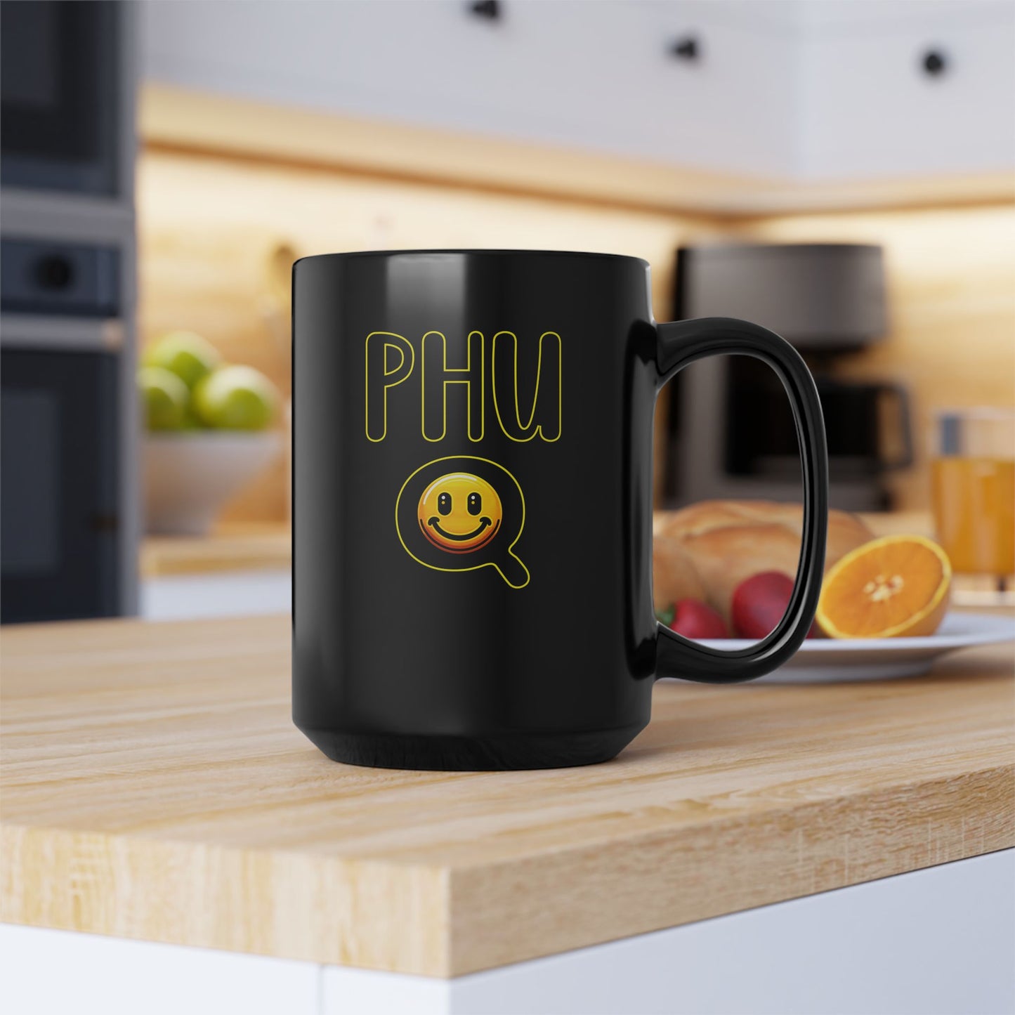 Black Mug with PHU Q Smiley Design, Irreverent and Whimsical Coffee Cup, 11oz 15oz Tea Mug, Funny Ceramic Mug, Unique Gift Idea