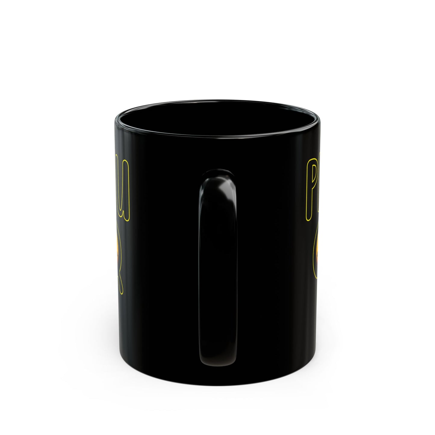 Black Mug with PHU Q Smiley Design, Irreverent and Whimsical Coffee Cup, 11oz 15oz Tea Mug, Funny Ceramic Mug, Unique Gift Idea