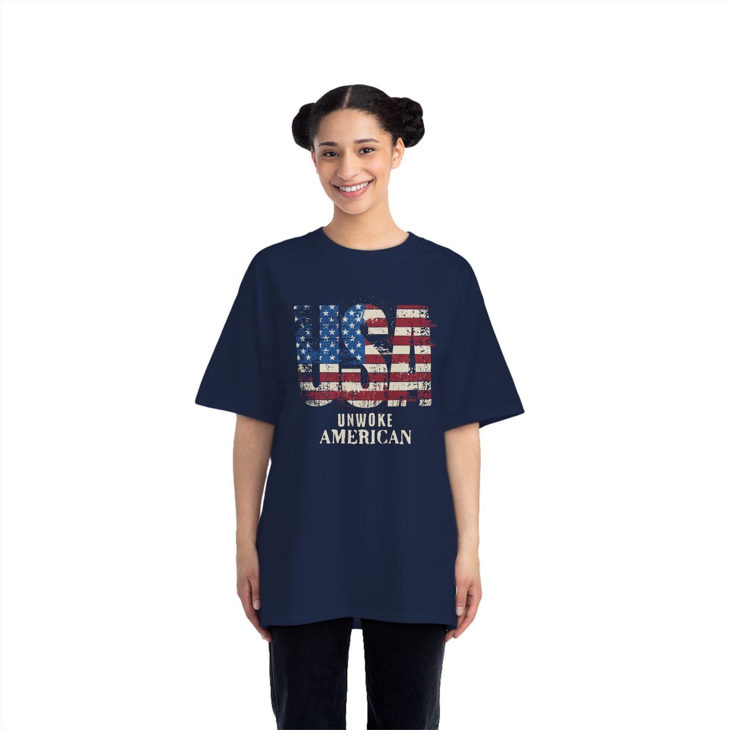 Unwoke American Distressed Stars and Stripes USA Beefy-T® Short-Sleeve T-Shirt, American Patriot Tee, Vintage Flag Shirt, Patriotic Apparel