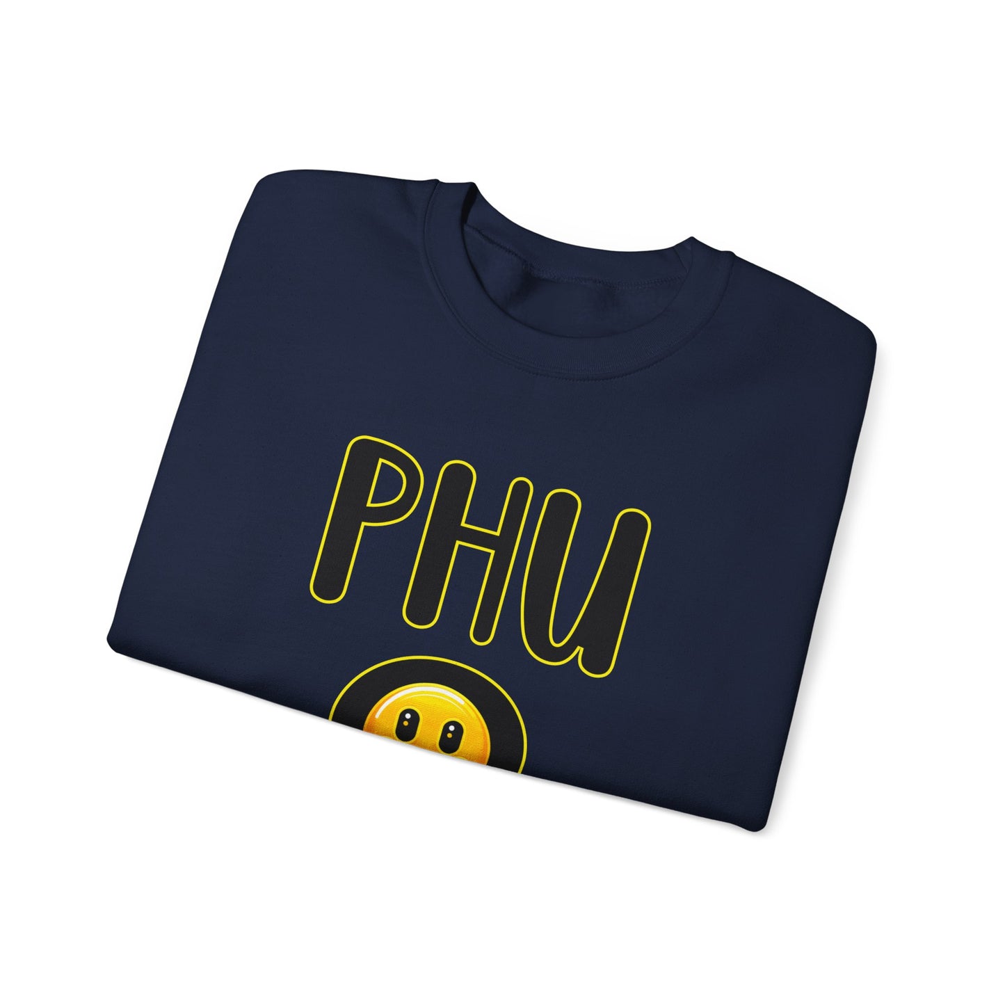 PHU Q Smiley Design Heavy Blend Sweatshirt, Funny Irreverent, Whimsical Unisex Pullover, Laughable Sweat Top, Comical Sweater