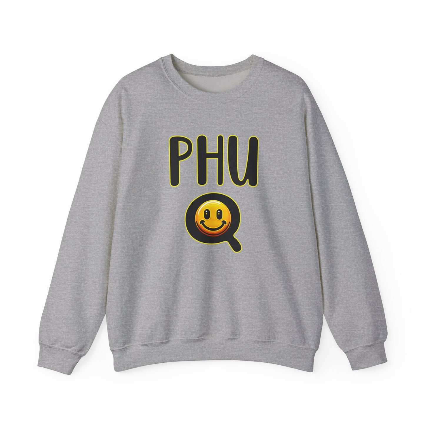 PHU Q Smiley Design Heavy Blend Sweatshirt, Funny Irreverent, Whimsical Unisex Pullover, Laughable Sweat Top, Comical Sweater