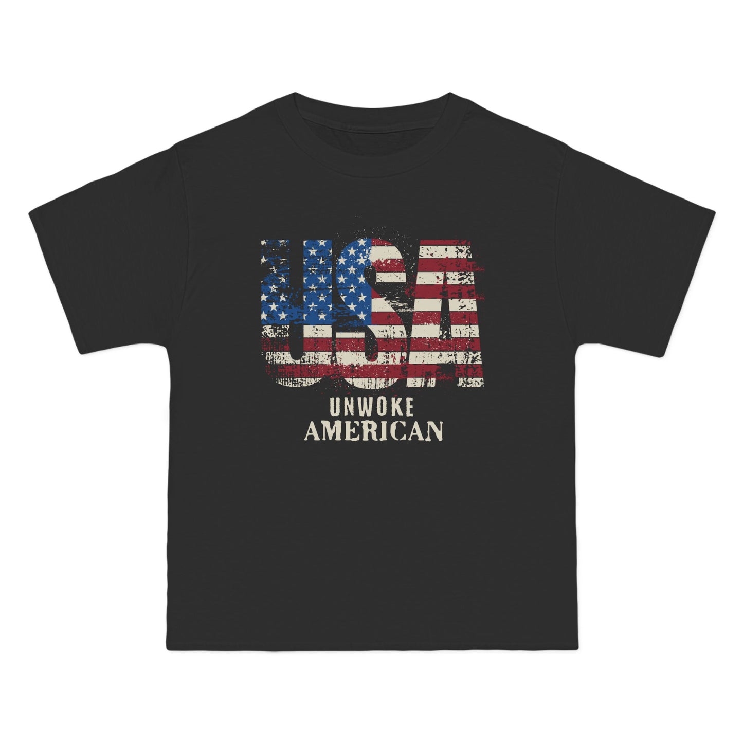 Unwoke American Distressed Stars and Stripes USA Beefy-T® Short-Sleeve T-Shirt, American Patriot Tee, Vintage Flag Shirt, Patriotic Apparel