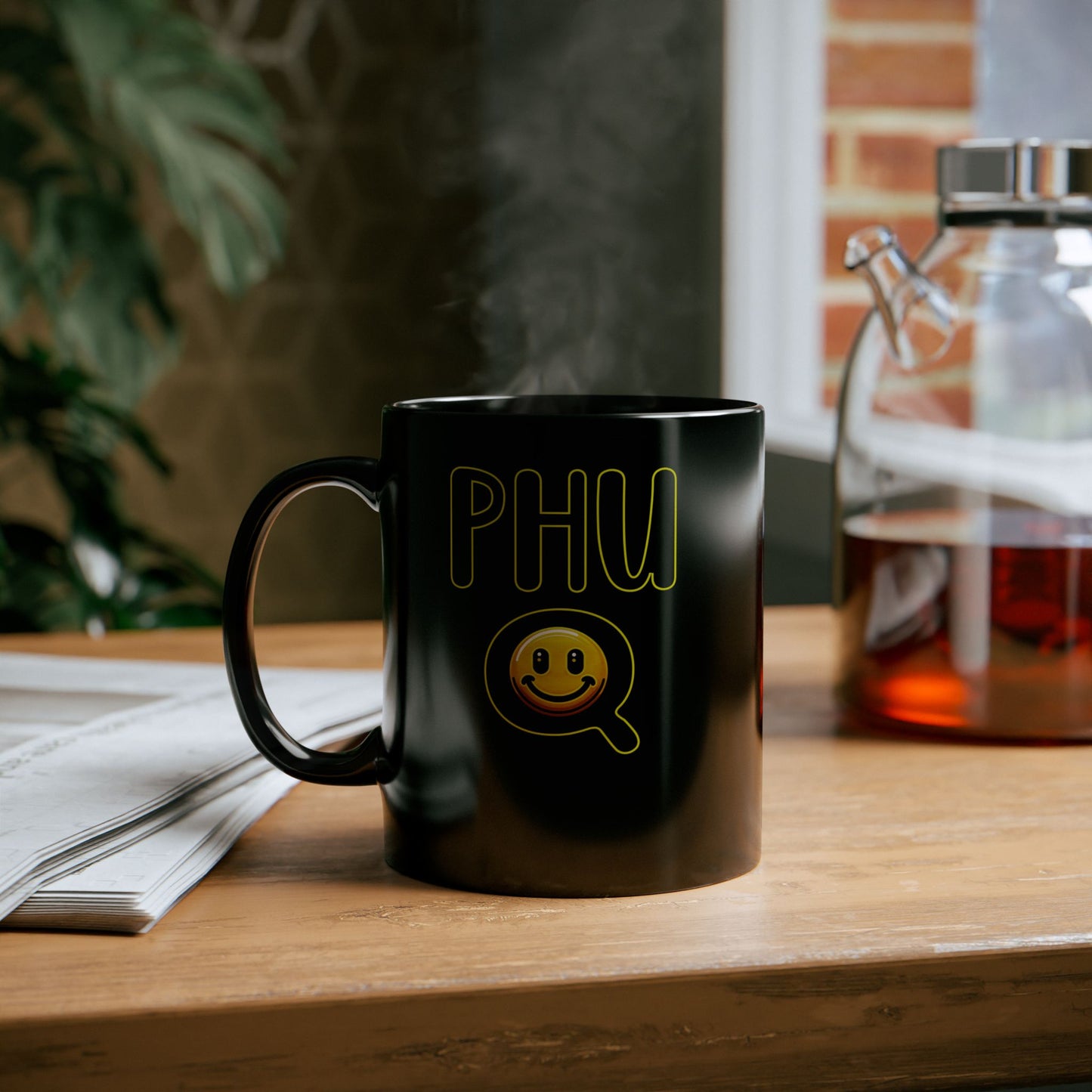 Black Mug with PHU Q Smiley Design, Irreverent and Whimsical Coffee Cup, 11oz 15oz Tea Mug, Funny Ceramic Mug, Unique Gift Idea