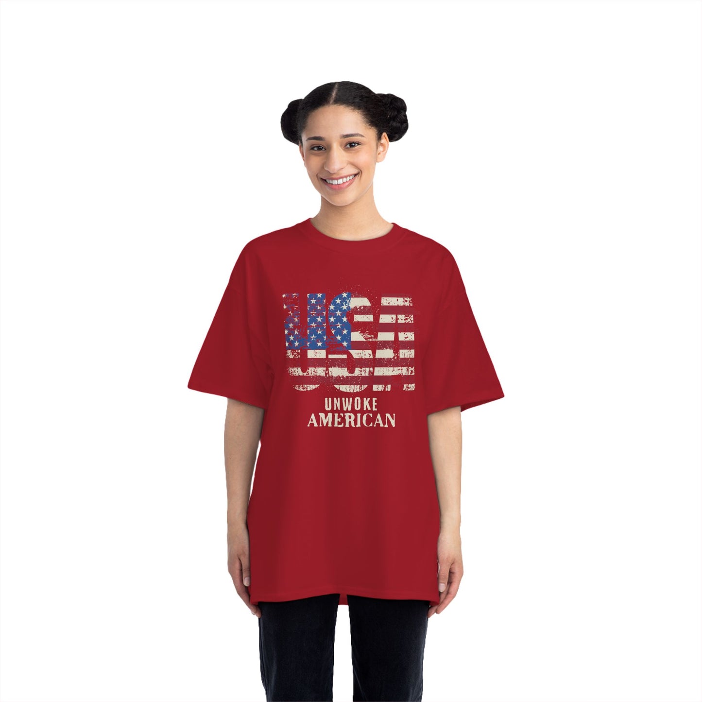 Unwoke American Distressed Stars and Stripes USA Beefy-T® Short-Sleeve T-Shirt, American Patriot Tee, Vintage Flag Shirt, Patriotic Apparel