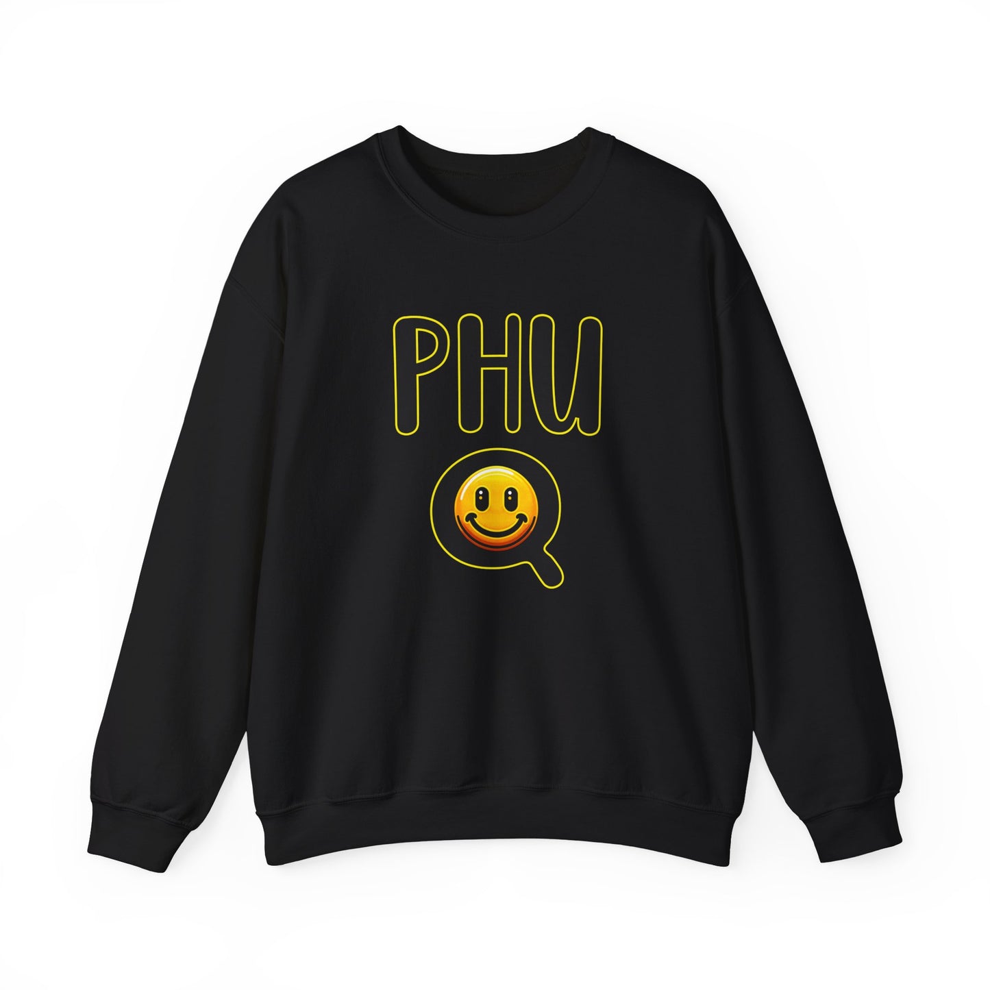 PHU Q Smiley Design Heavy Blend Sweatshirt, Funny Irreverent, Whimsical Unisex Pullover, Laughable Sweat Top, Comical Sweater