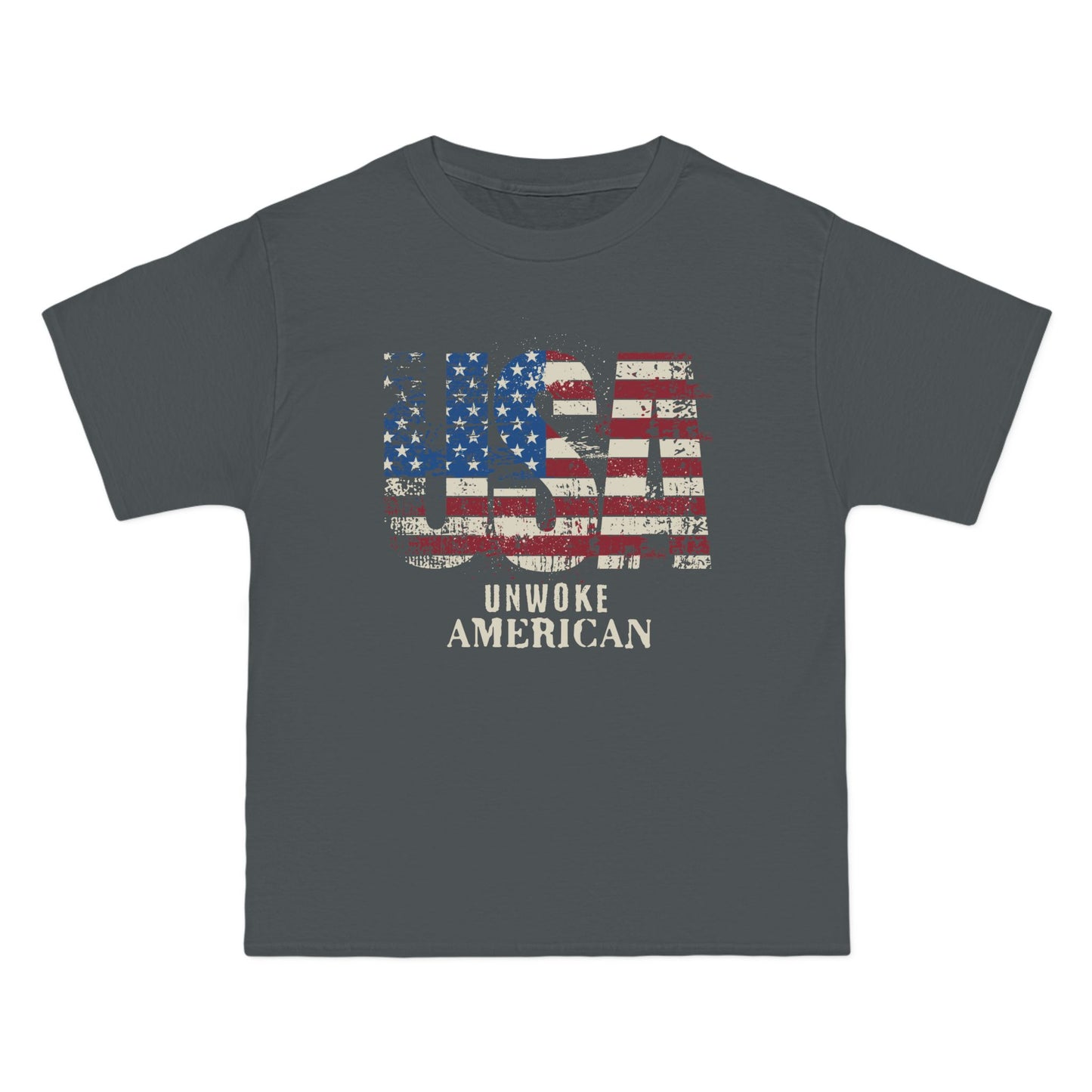 Unwoke American Distressed Stars and Stripes USA Beefy-T® Short-Sleeve T-Shirt, American Patriot Tee, Vintage Flag Shirt, Patriotic Apparel