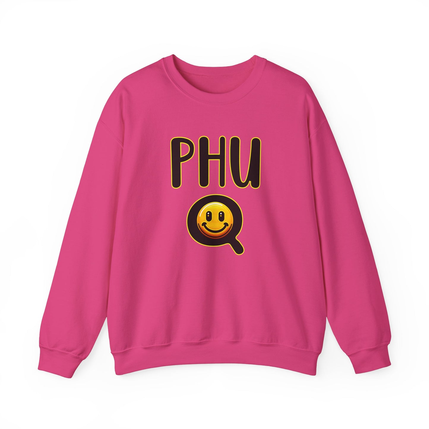PHU Q Smiley Design Heavy Blend Sweatshirt, Funny Irreverent, Whimsical Unisex Pullover, Laughable Sweat Top, Comical Sweater