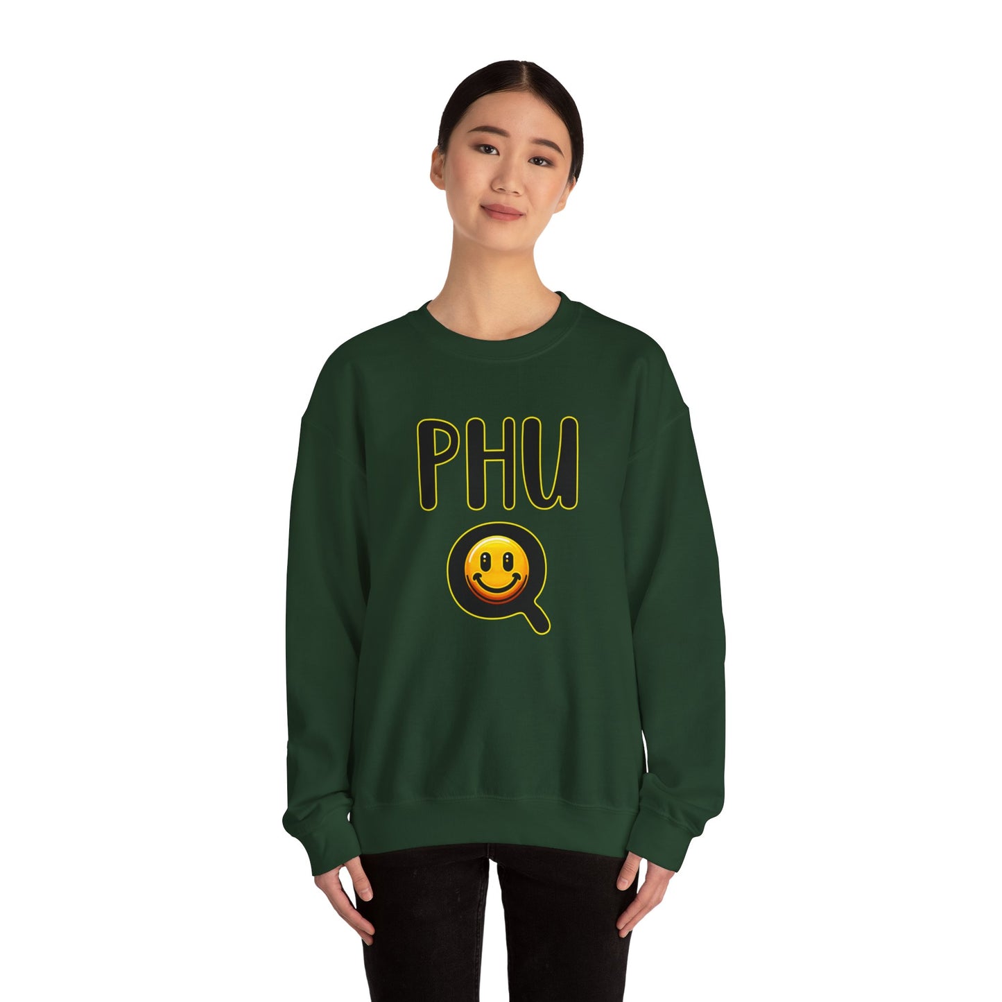PHU Q Smiley Design Heavy Blend Sweatshirt, Funny Irreverent, Whimsical Unisex Pullover, Laughable Sweat Top, Comical Sweater