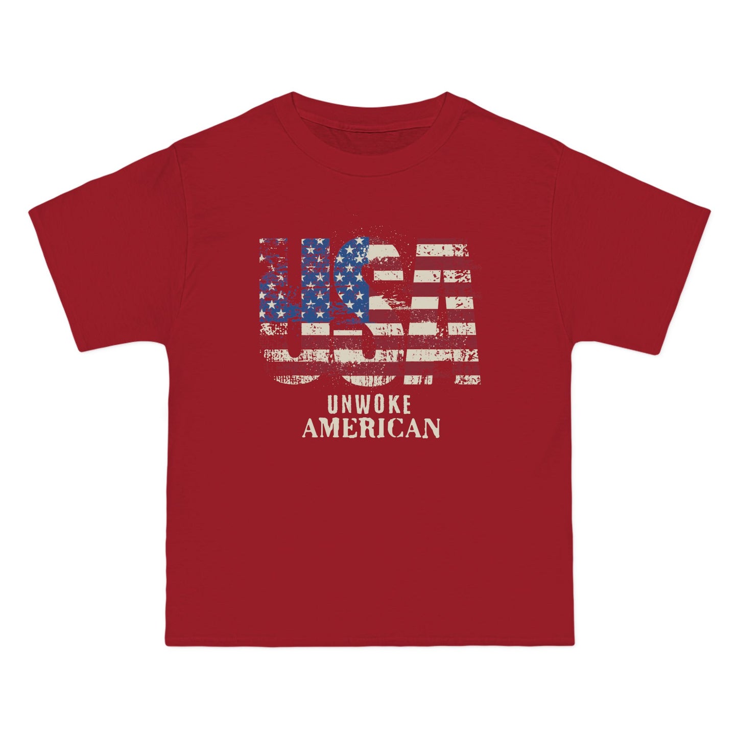 Unwoke American Distressed Stars and Stripes USA Beefy-T® Short-Sleeve T-Shirt, American Patriot Tee, Vintage Flag Shirt, Patriotic Apparel