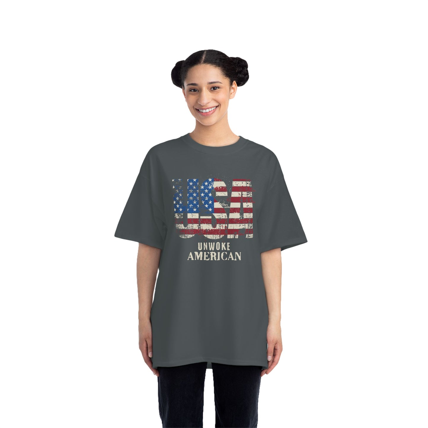Unwoke American Distressed Stars and Stripes USA Beefy-T® Short-Sleeve T-Shirt, American Patriot Tee, Vintage Flag Shirt, Patriotic Apparel