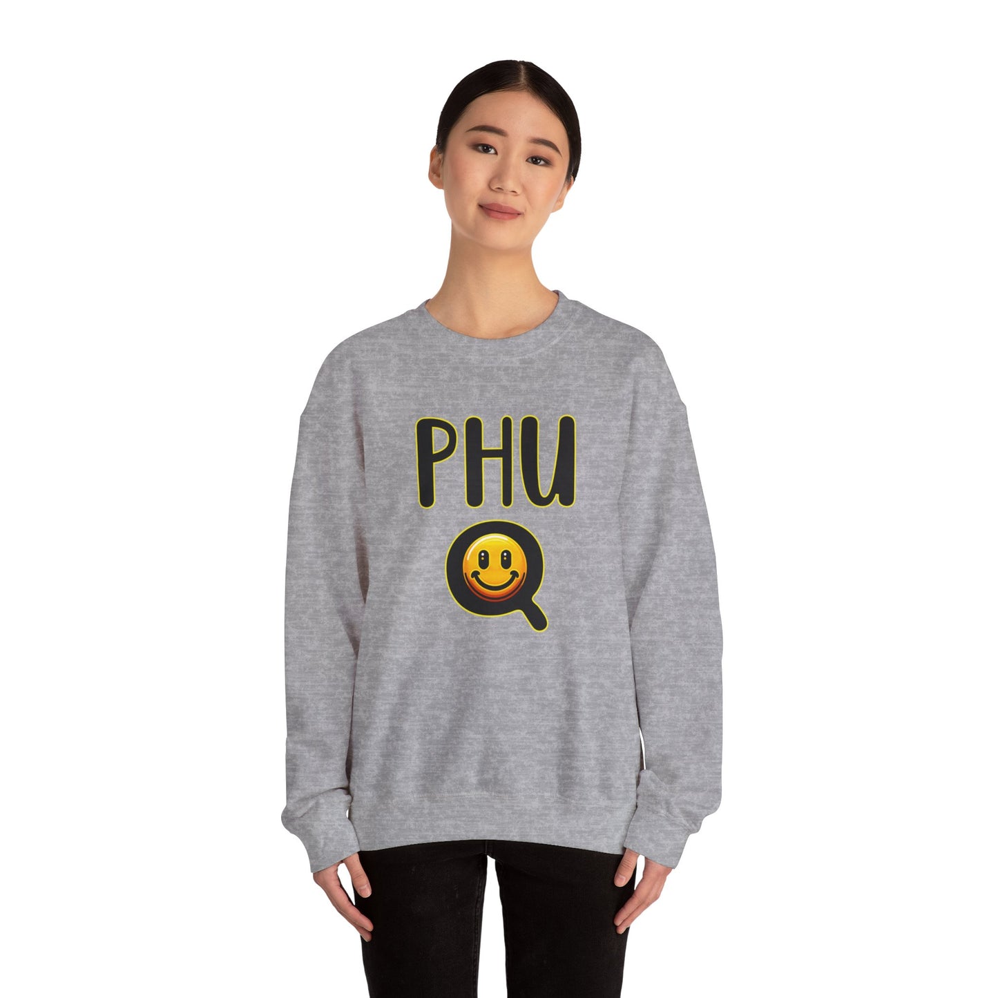 PHU Q Smiley Design Heavy Blend Sweatshirt, Funny Irreverent, Whimsical Unisex Pullover, Laughable Sweat Top, Comical Sweater