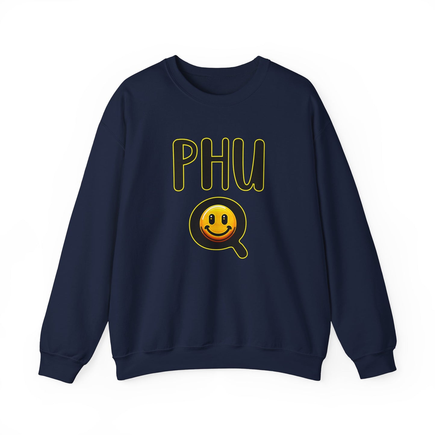 PHU Q Smiley Design Heavy Blend Sweatshirt, Funny Irreverent, Whimsical Unisex Pullover, Laughable Sweat Top, Comical Sweater