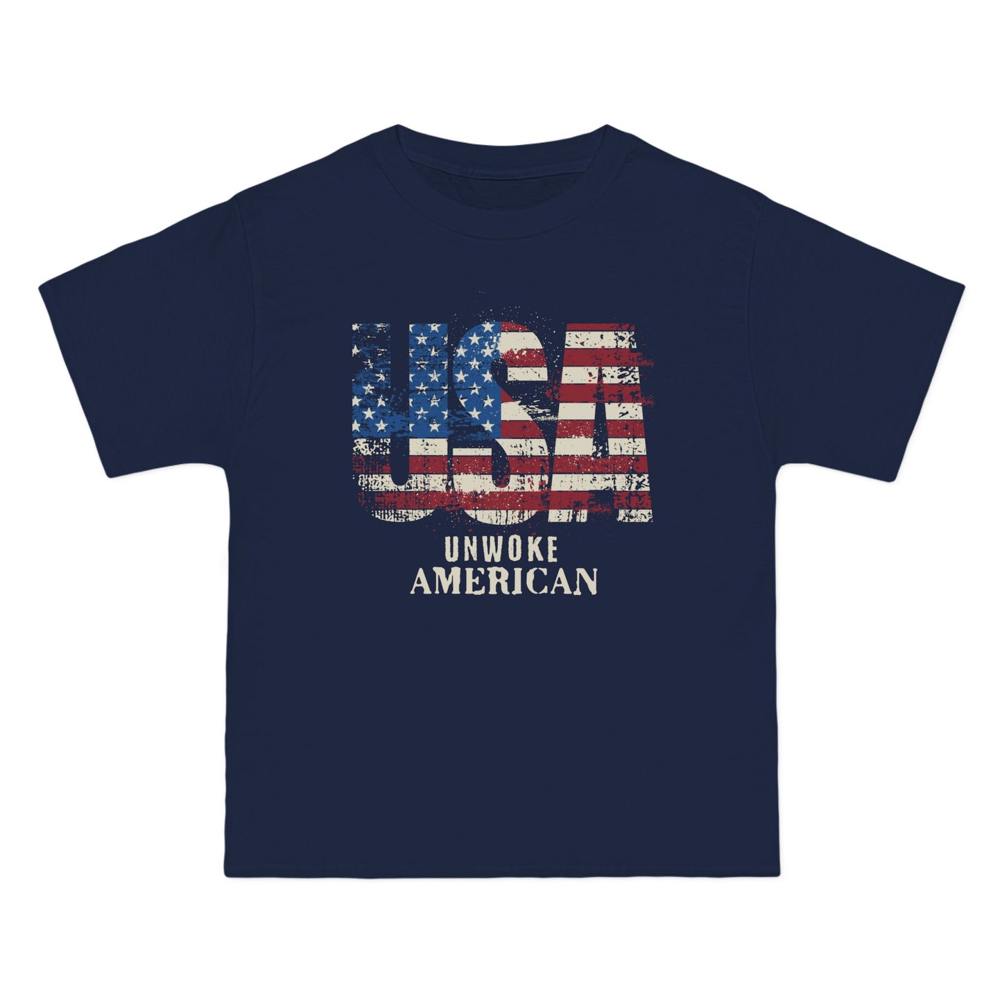 Unwoke American Distressed Stars and Stripes USA Beefy-T® Short-Sleeve T-Shirt, American Patriot Tee, Vintage Flag Shirt, Patriotic Apparel