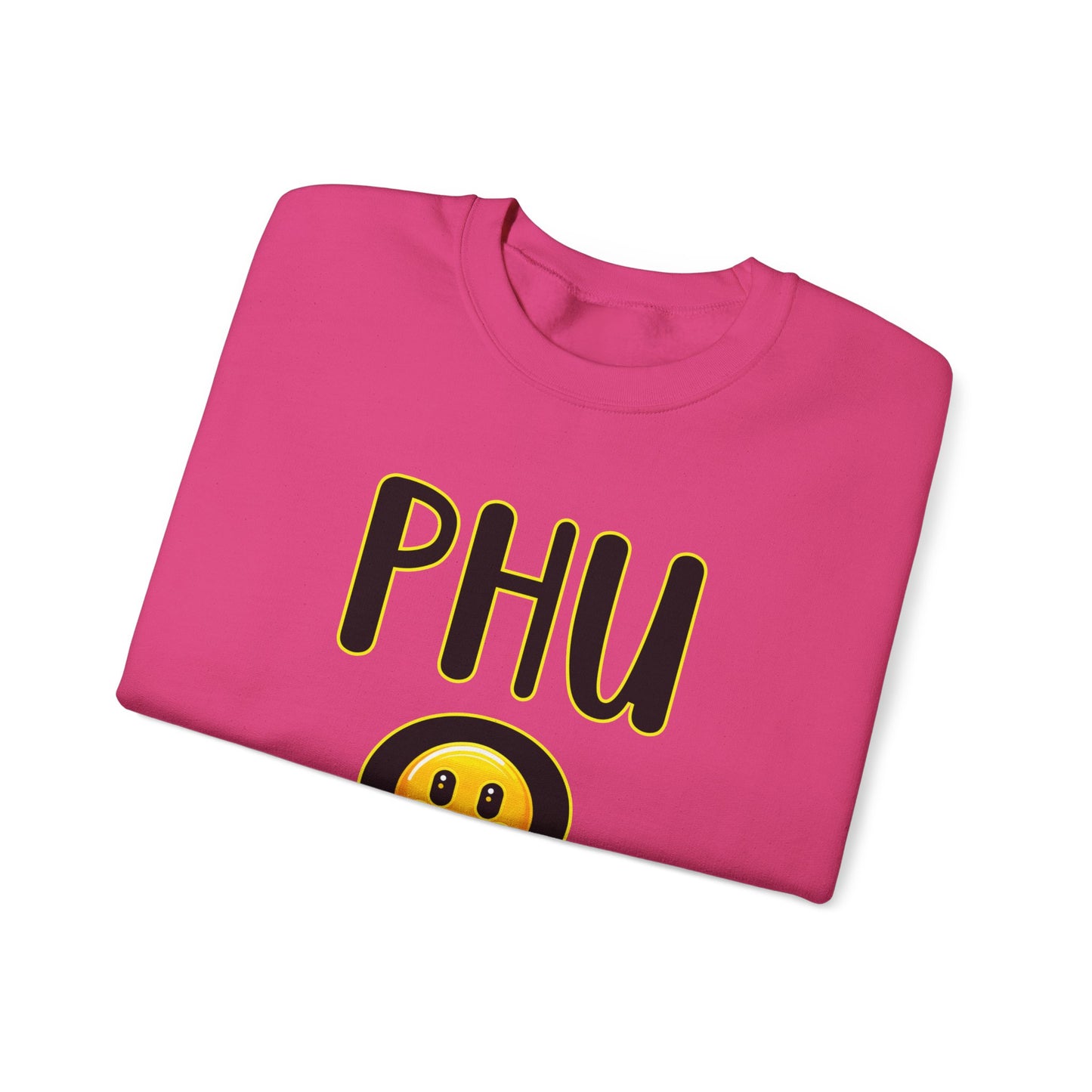 PHU Q Smiley Design Heavy Blend Sweatshirt, Funny Irreverent, Whimsical Unisex Pullover, Laughable Sweat Top, Comical Sweater