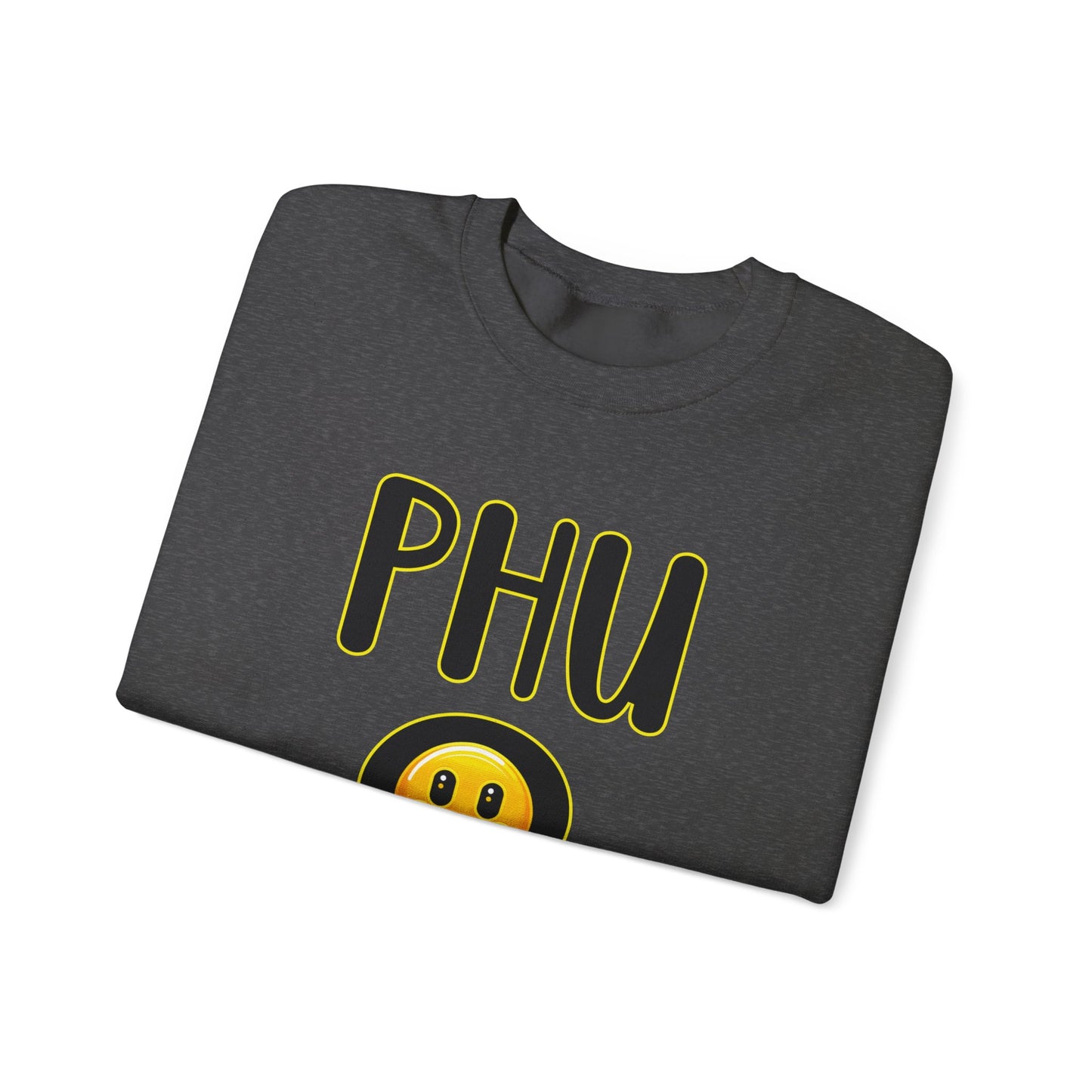PHU Q Smiley Design Heavy Blend Sweatshirt, Funny Irreverent, Whimsical Unisex Pullover, Laughable Sweat Top, Comical Sweater