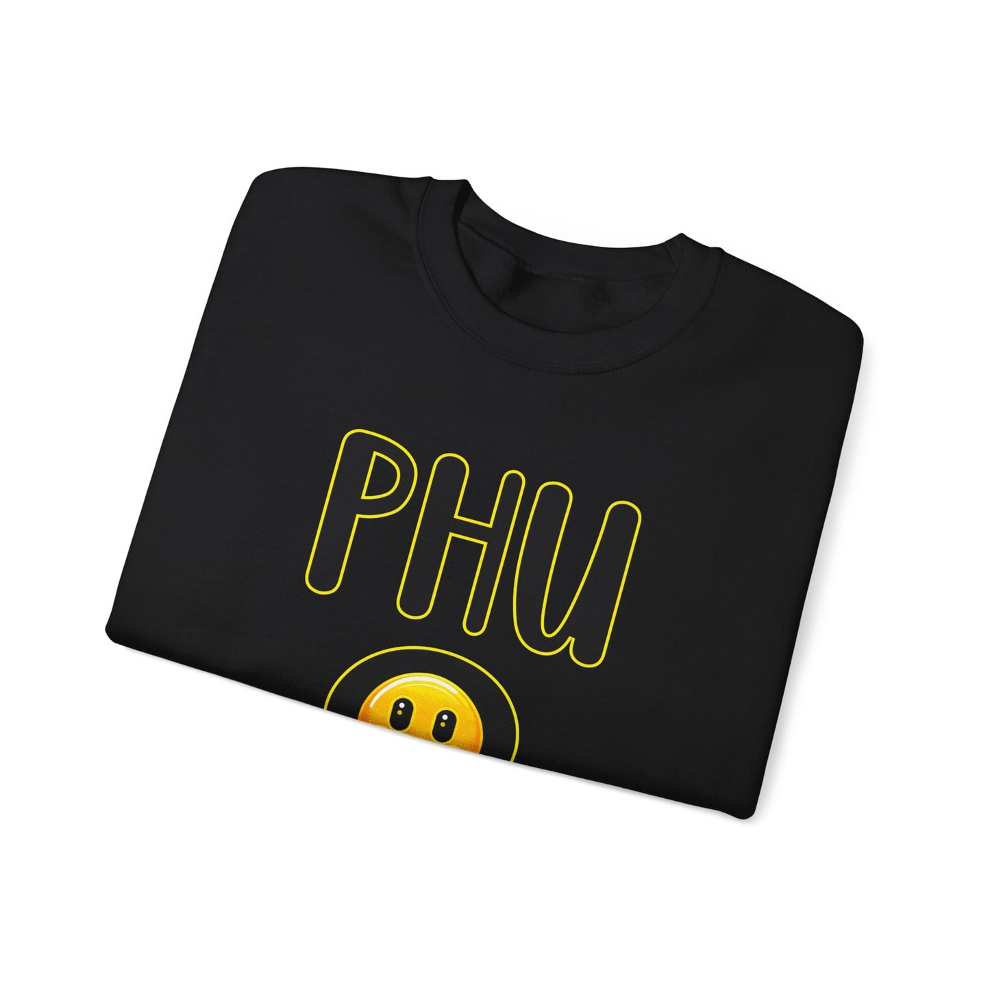 PHU Q Smiley Design Heavy Blend Sweatshirt, Funny Irreverent, Whimsical Unisex Pullover, Laughable Sweat Top, Comical Sweater