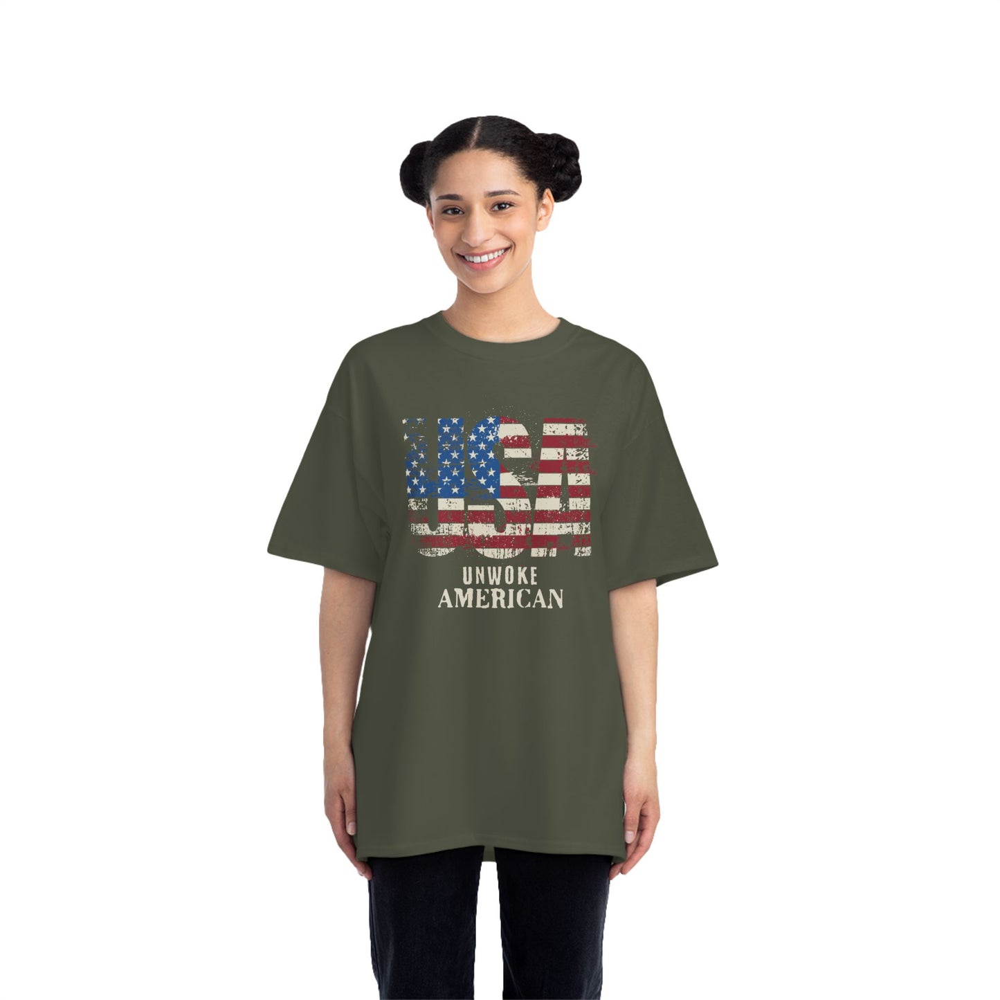 Unwoke American Distressed Stars and Stripes USA Beefy-T® Short-Sleeve T-Shirt, American Patriot Tee, Vintage Flag Shirt, Patriotic Apparel