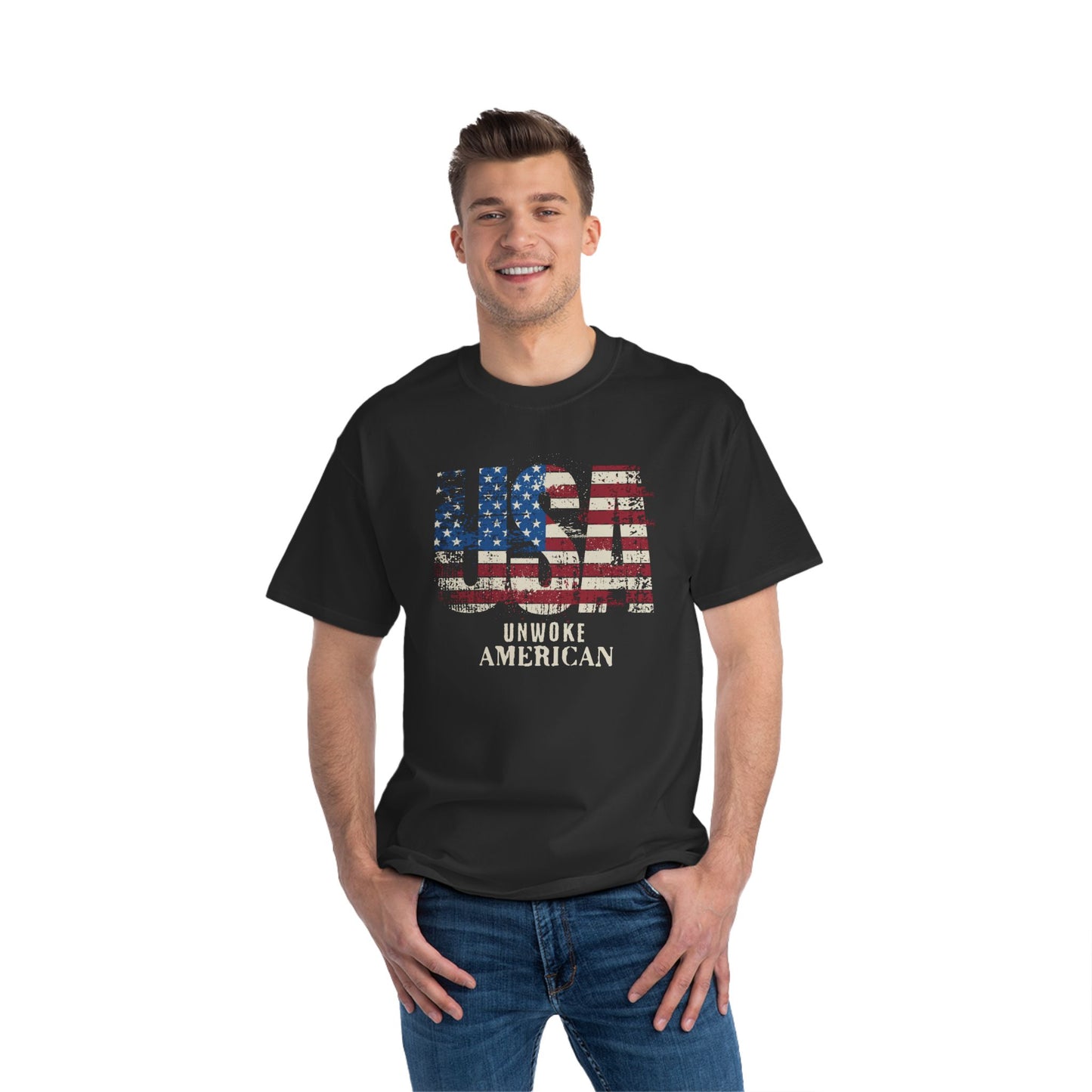 Unwoke American Distressed Stars and Stripes USA Beefy-T® Short-Sleeve T-Shirt, American Patriot Tee, Vintage Flag Shirt, Patriotic Apparel