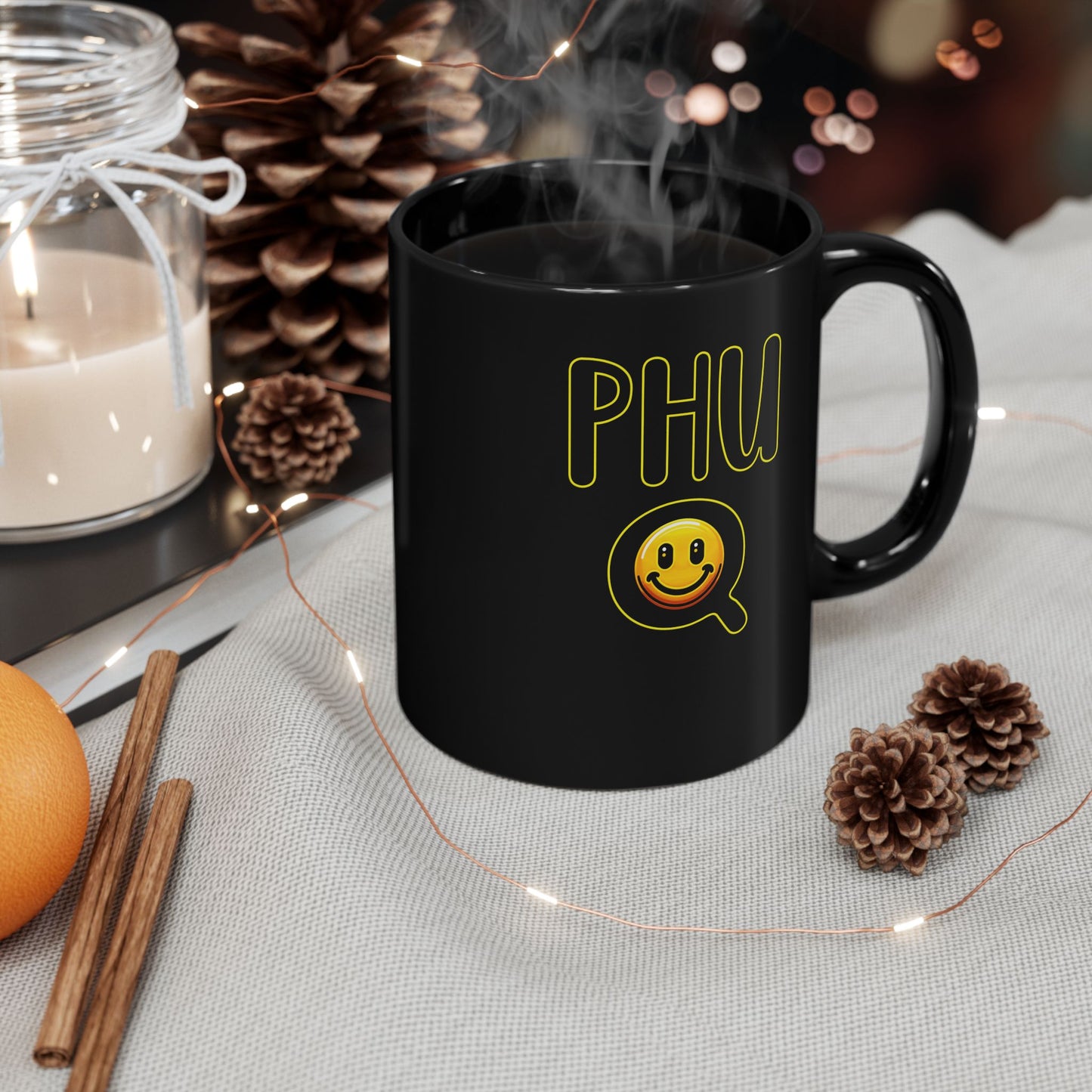 Black Mug with PHU Q Smiley Design, Irreverent and Whimsical Coffee Cup, 11oz 15oz Tea Mug, Funny Ceramic Mug, Unique Gift Idea