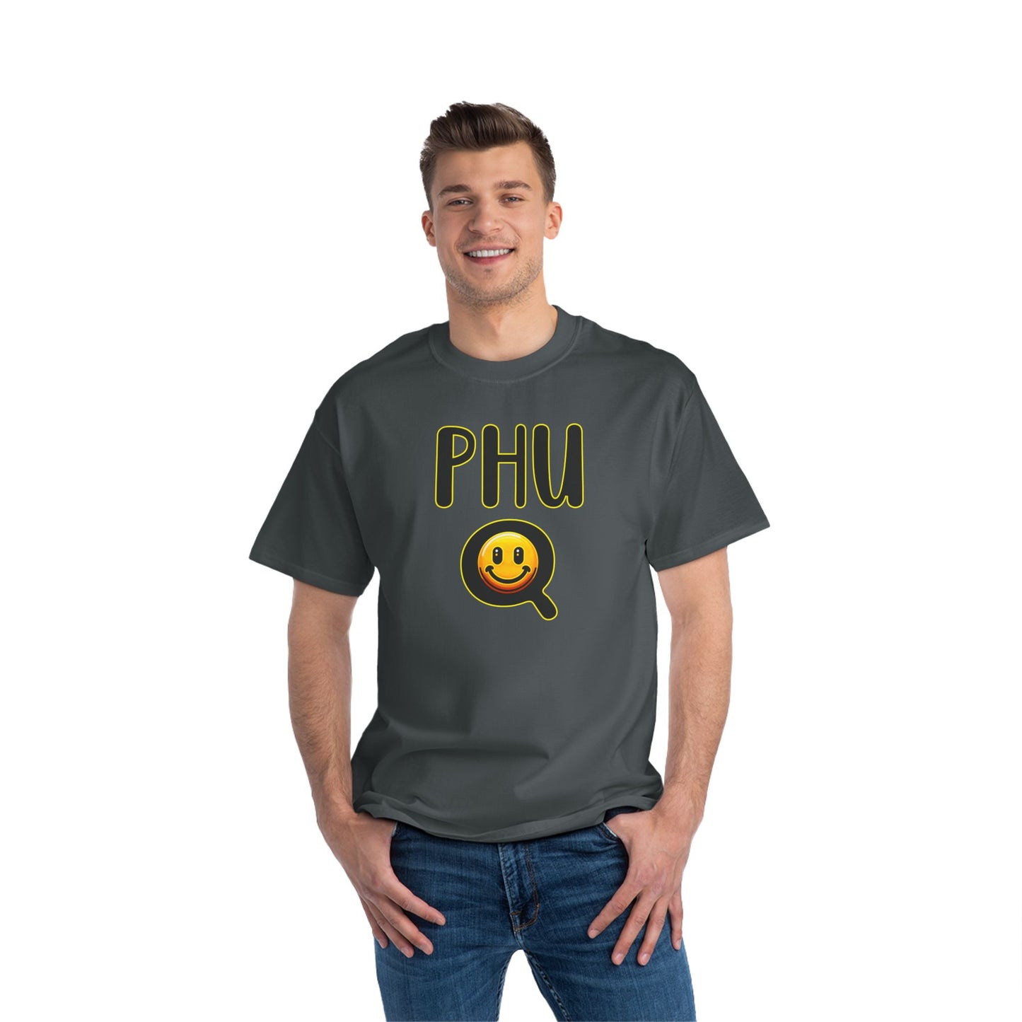 PHU Q Smiley Beefy-T® Short-Sleeve T-Shirt, Irreverent Funny Tee, Unique Graphic Shirt, Whimsical Top, Novelty Clothing