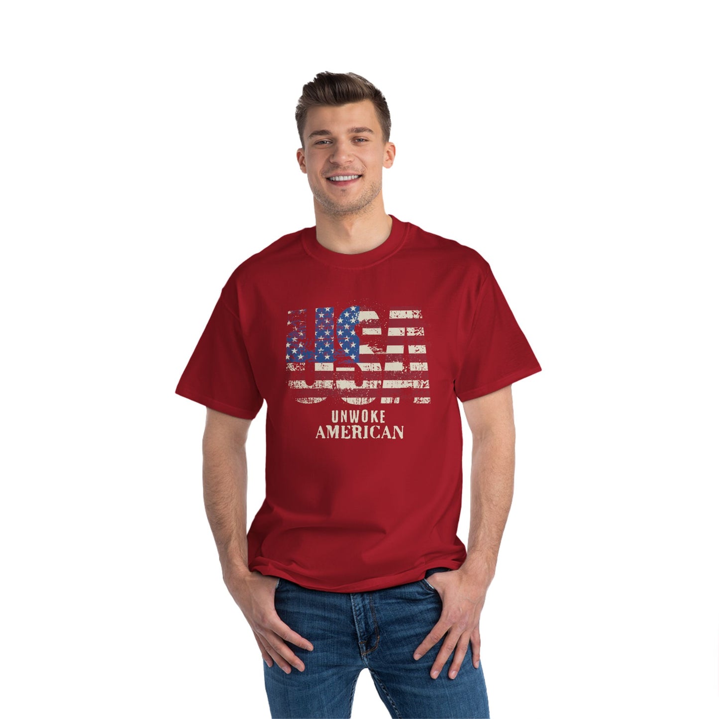 Unwoke American Distressed Stars and Stripes USA Beefy-T® Short-Sleeve T-Shirt, American Patriot Tee, Vintage Flag Shirt, Patriotic Apparel