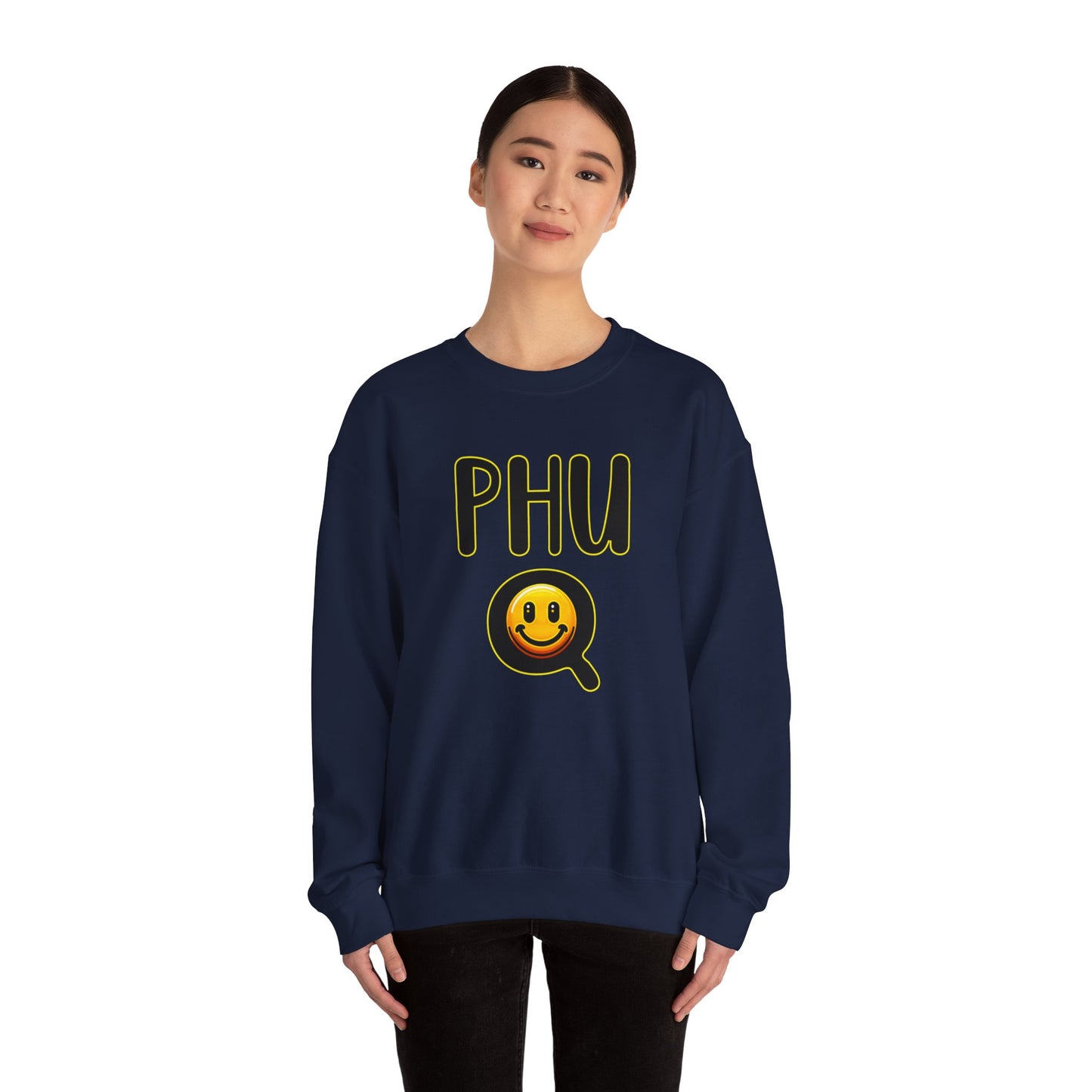 PHU Q Smiley Design Heavy Blend Sweatshirt, Funny Irreverent, Whimsical Unisex Pullover, Laughable Sweat Top, Comical Sweater