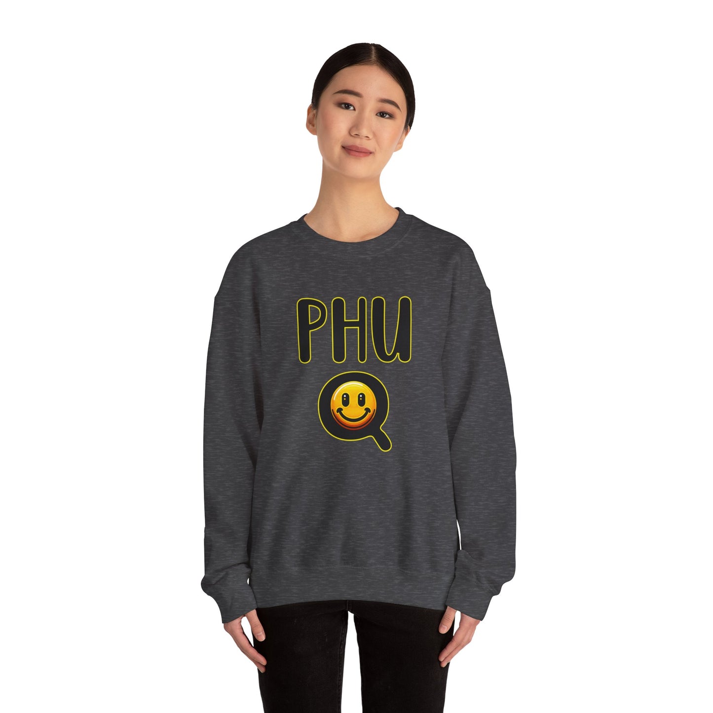 PHU Q Smiley Design Heavy Blend Sweatshirt, Funny Irreverent, Whimsical Unisex Pullover, Laughable Sweat Top, Comical Sweater