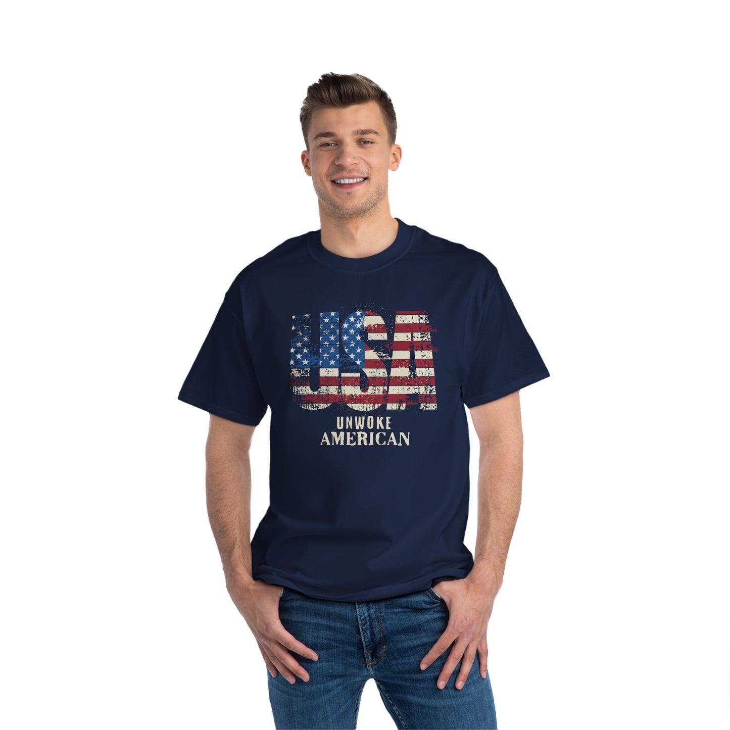 Unwoke American Distressed Stars and Stripes USA Beefy-T® Short-Sleeve T-Shirt, American Patriot Tee, Vintage Flag Shirt, Patriotic Apparel