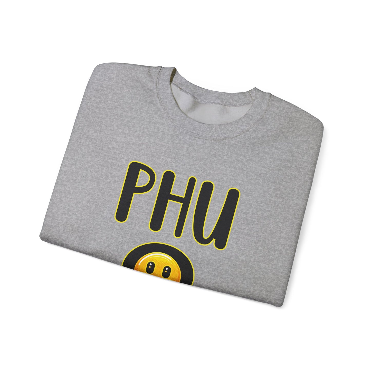 PHU Q Smiley Design Heavy Blend Sweatshirt, Funny Irreverent, Whimsical Unisex Pullover, Laughable Sweat Top, Comical Sweater