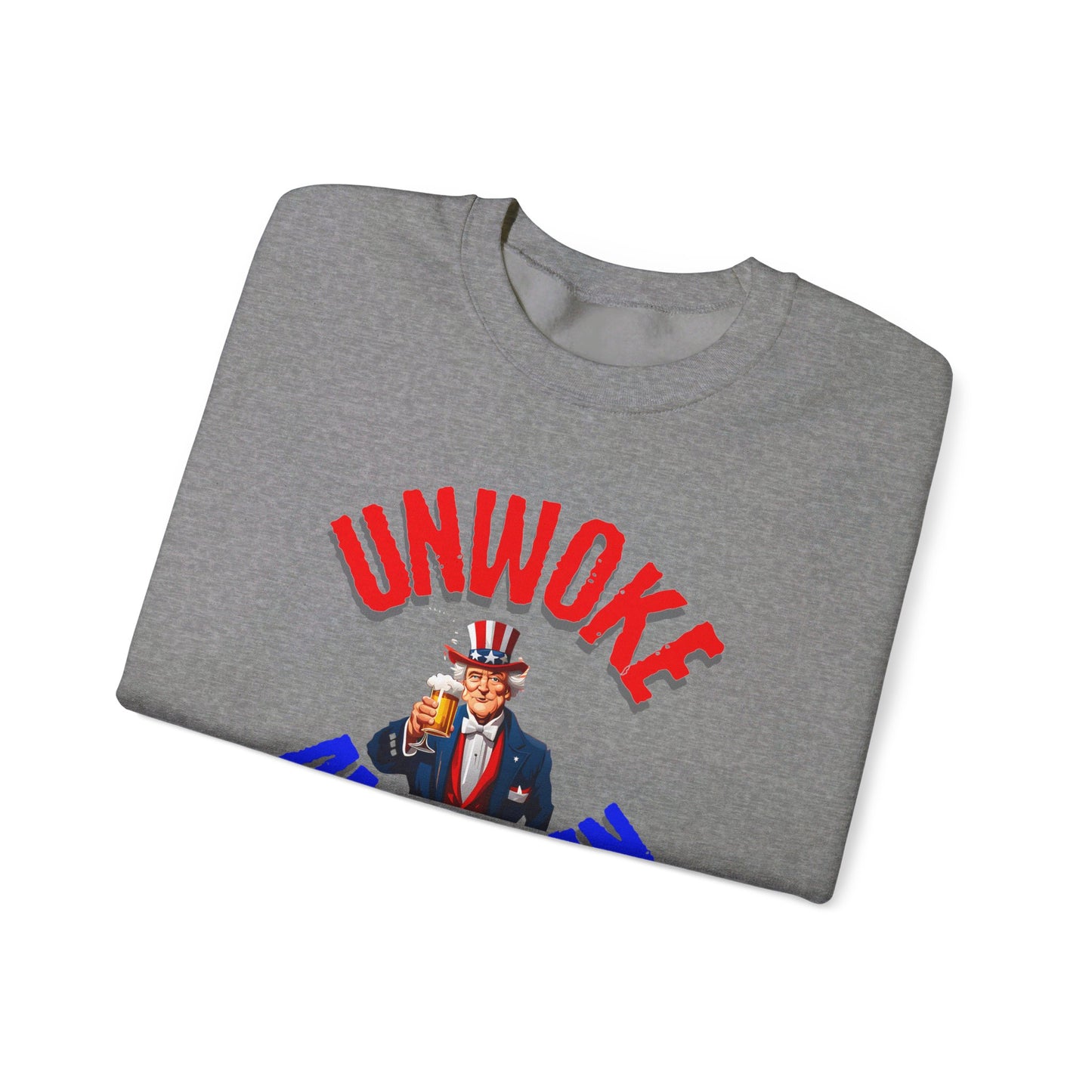 Unisex Heavy Blend "UNWOKE AMERICAN" Sweatshirt with Uncle Sam & Beer | Patriotic Comfort | Durable Design