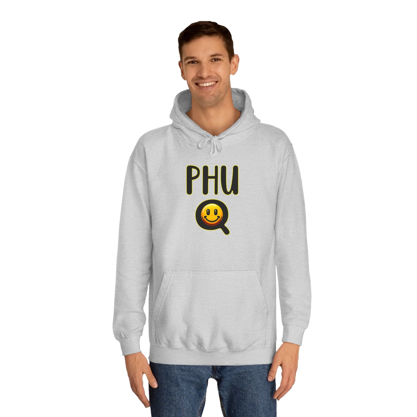 PHU Q Smiley Unisex College Hoodie, Irreverant Funny Sweatshirt, Whimsical Hooded Jacket, Humorous Pullover, Cool Hooded Sweater