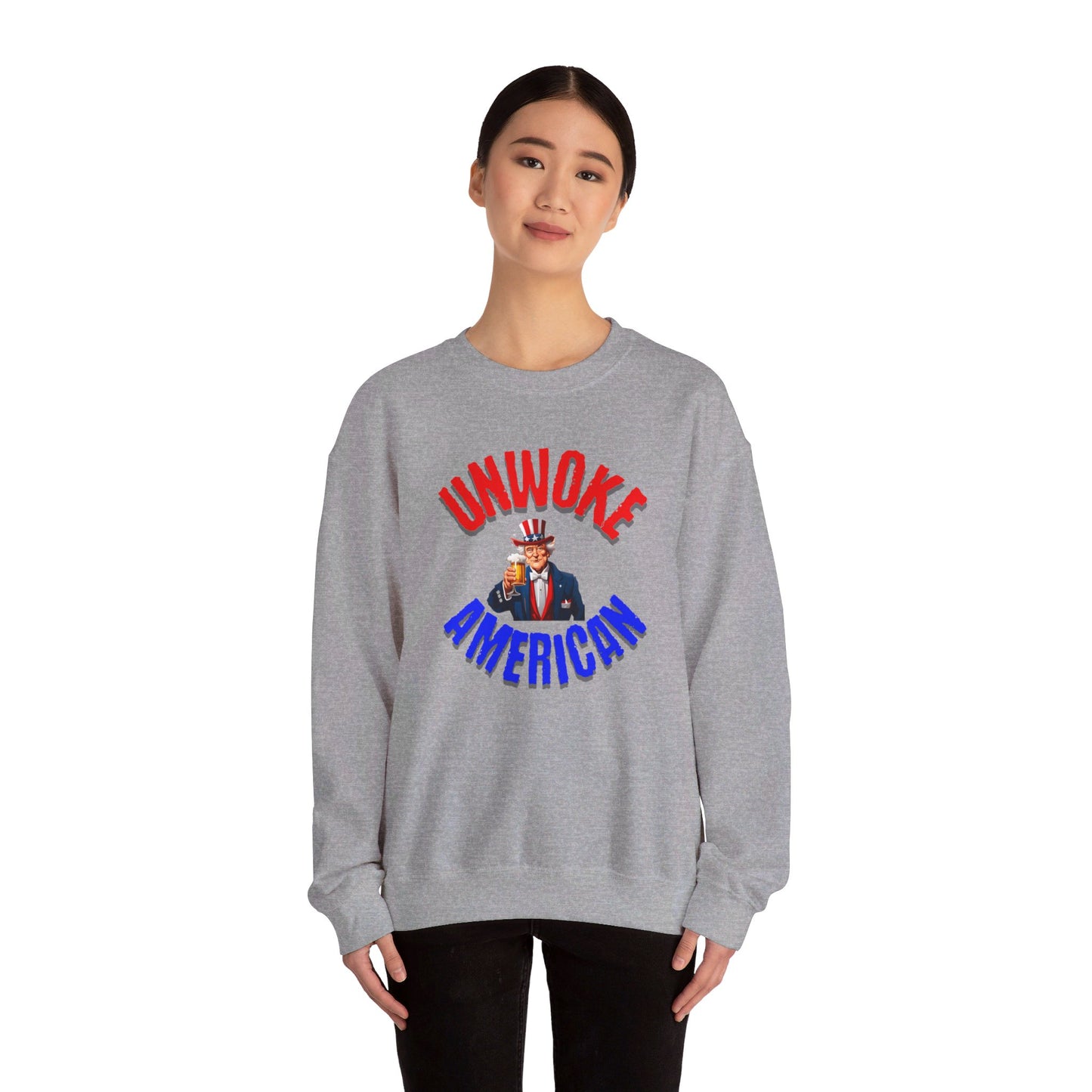 Unisex Heavy Blend "UNWOKE AMERICAN" Sweatshirt with Uncle Sam & Beer | Patriotic Comfort | Durable Design