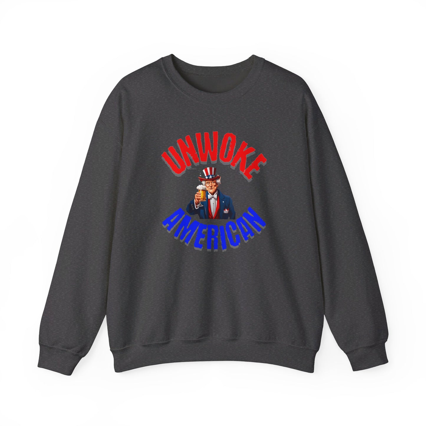 Unisex Heavy Blend "UNWOKE AMERICAN" Sweatshirt with Uncle Sam & Beer | Patriotic Comfort | Durable Design