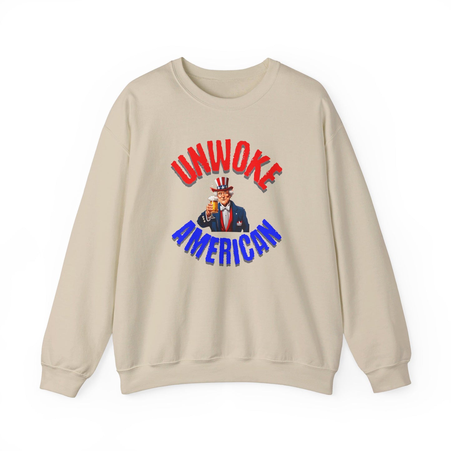 Unisex Heavy Blend "UNWOKE AMERICAN" Sweatshirt with Uncle Sam & Beer | Patriotic Comfort | Durable Design