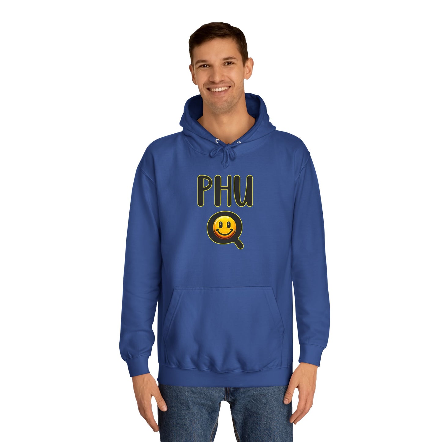 PHU Q Smiley Unisex College Hoodie, Irreverant Funny Sweatshirt, Whimsical Hooded Jacket, Humorous Pullover, Cool Hooded Sweater