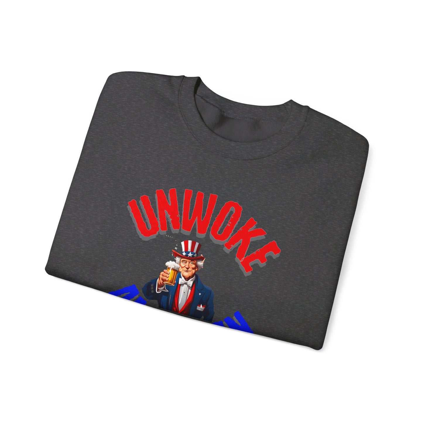 Unisex Heavy Blend "UNWOKE AMERICAN" Sweatshirt with Uncle Sam & Beer | Patriotic Comfort | Durable Design