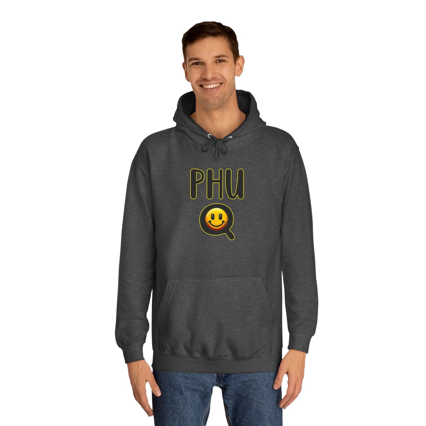 PHU Q Smiley Unisex College Hoodie, Irreverant Funny Sweatshirt, Whimsical Hooded Jacket, Humorous Pullover, Cool Hooded Sweater