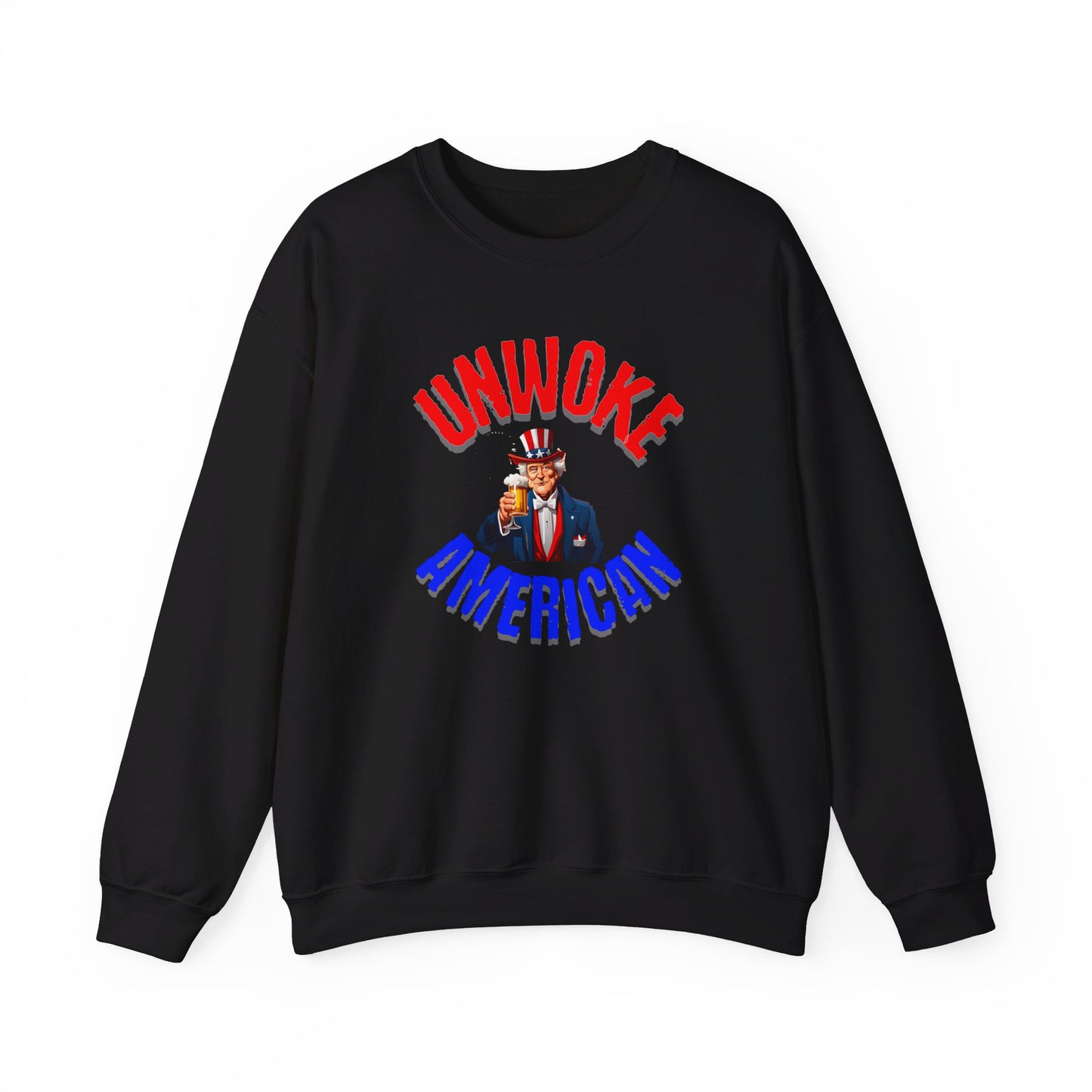 Unisex Heavy Blend "UNWOKE AMERICAN" Sweatshirt with Uncle Sam & Beer | Patriotic Comfort | Durable Design