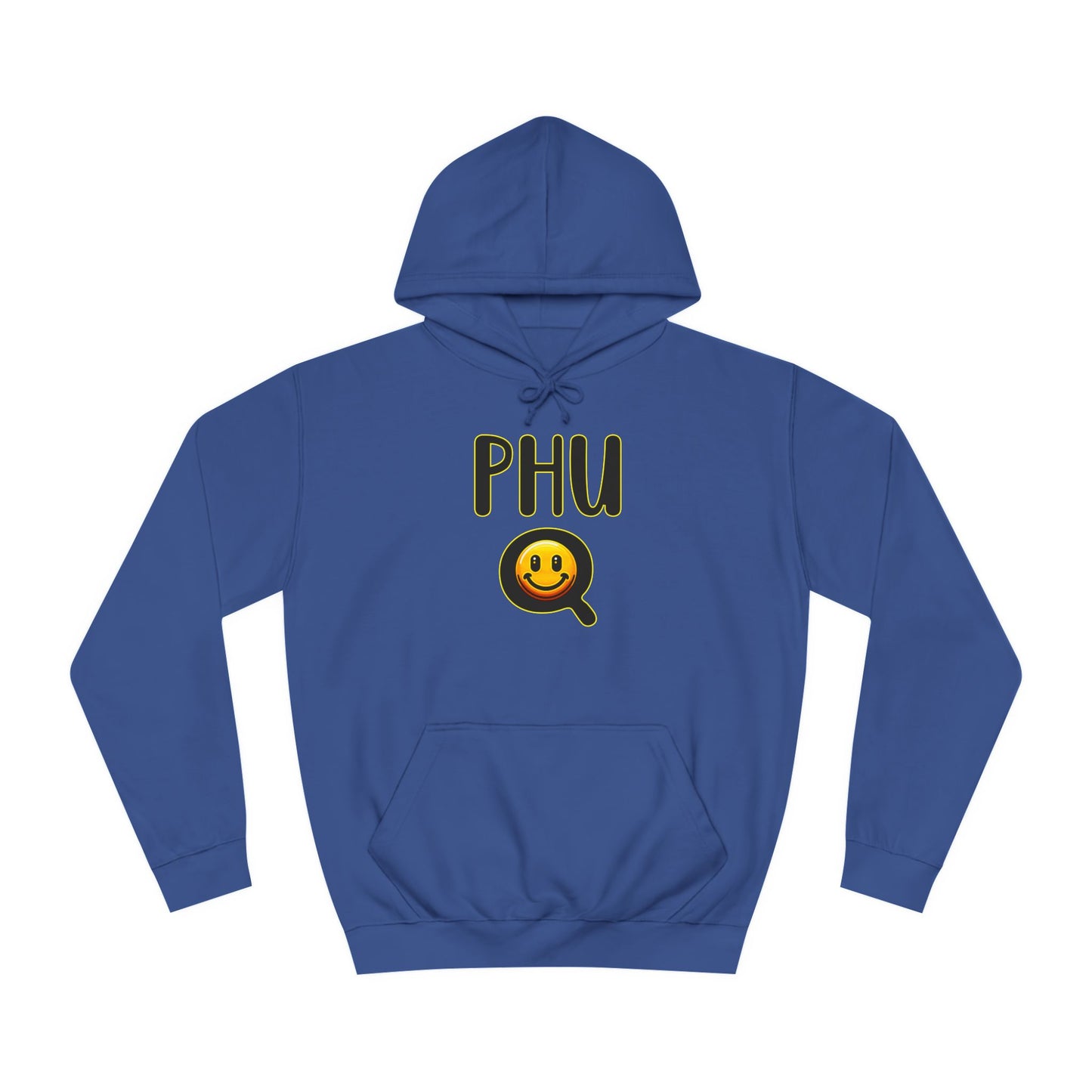PHU Q Smiley Unisex College Hoodie, Irreverant Funny Sweatshirt, Whimsical Hooded Jacket, Humorous Pullover, Cool Hooded Sweater