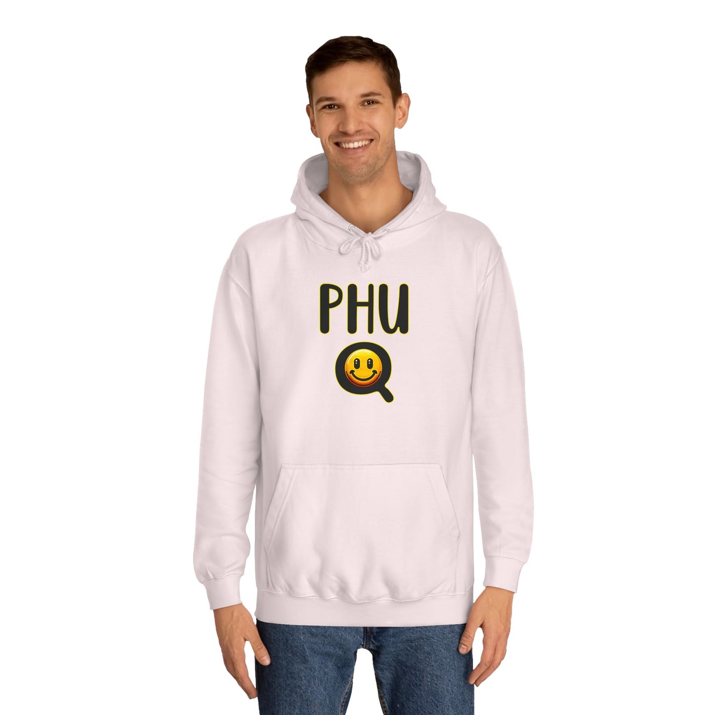 PHU Q Smiley Unisex College Hoodie, Irreverant Funny Sweatshirt, Whimsical Hooded Jacket, Humorous Pullover, Cool Hooded Sweater