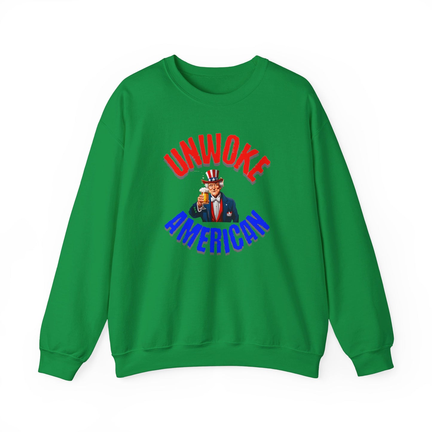Unisex Heavy Blend "UNWOKE AMERICAN" Sweatshirt with Uncle Sam & Beer | Patriotic Comfort | Durable Design
