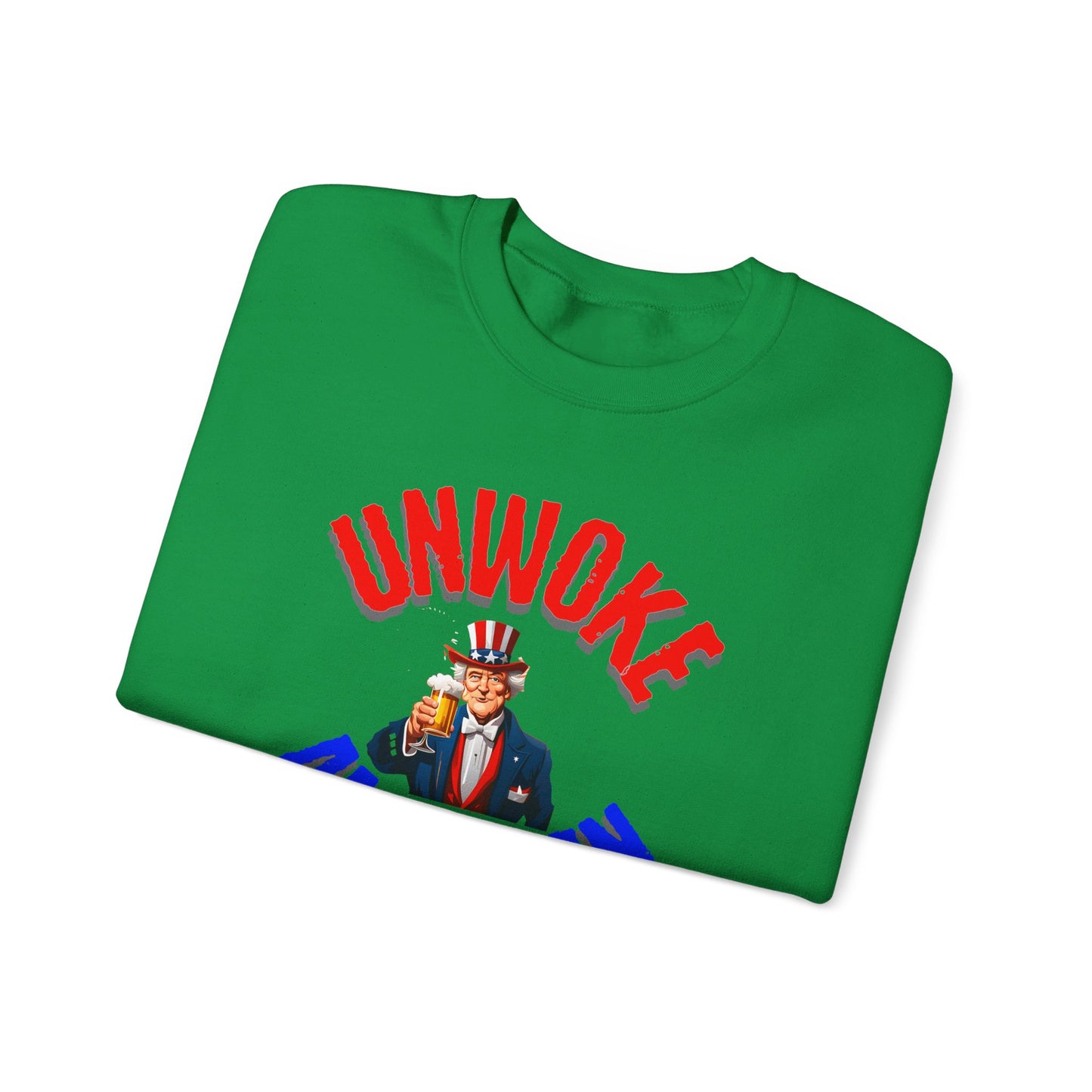 Unisex Heavy Blend "UNWOKE AMERICAN" Sweatshirt with Uncle Sam & Beer | Patriotic Comfort | Durable Design