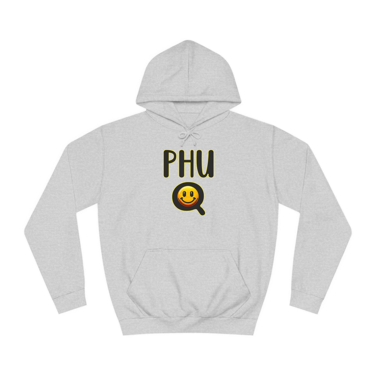 PHU Q Smiley Unisex College Hoodie, Irreverant Funny Sweatshirt, Whimsical Hooded Jacket, Humorous Pullover, Cool Hooded Sweater